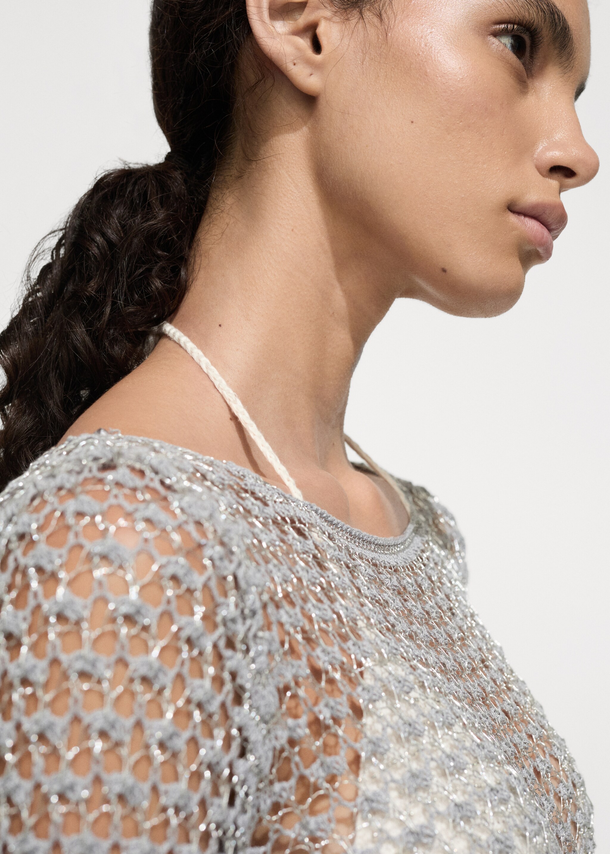 Crochet lurex dress - Details of the article 1, Silver. Ref: 77000385-00.