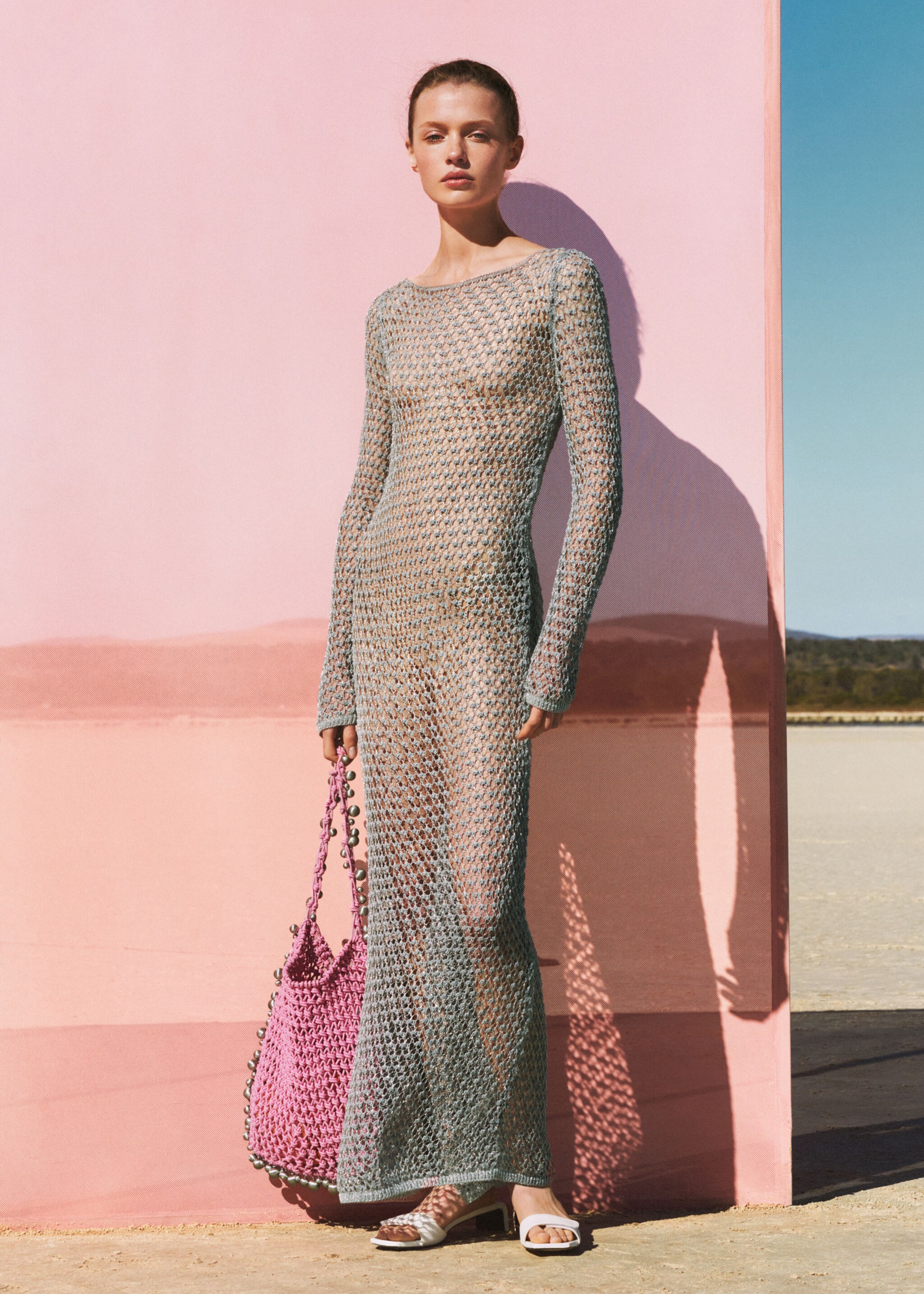 Crochet lurex dress - Details of the article 6, Silver. Ref: 77000385-00.