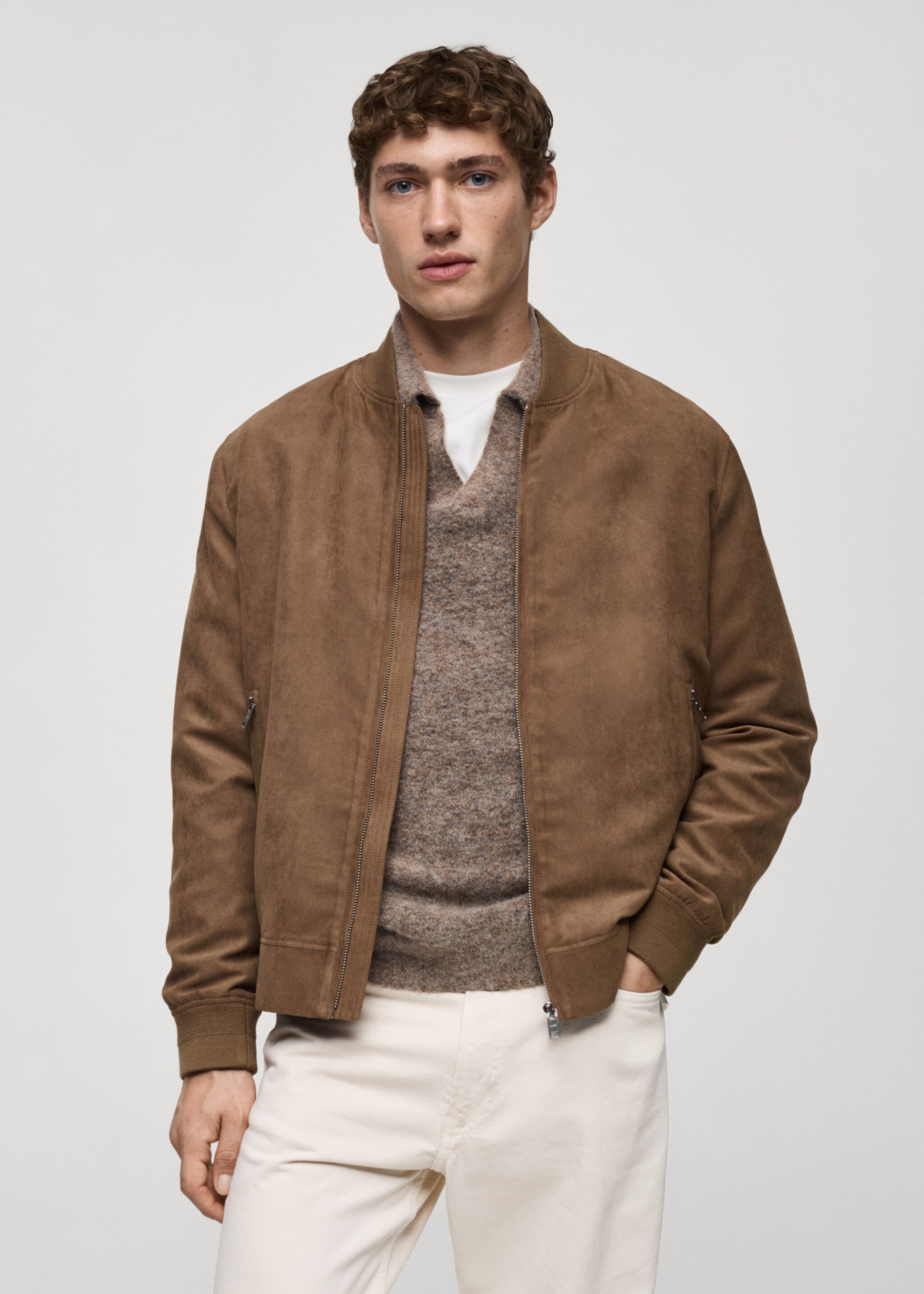 Cazadora bomber efecto ante - Plano medio, Beige. Ref: 77000571-00.