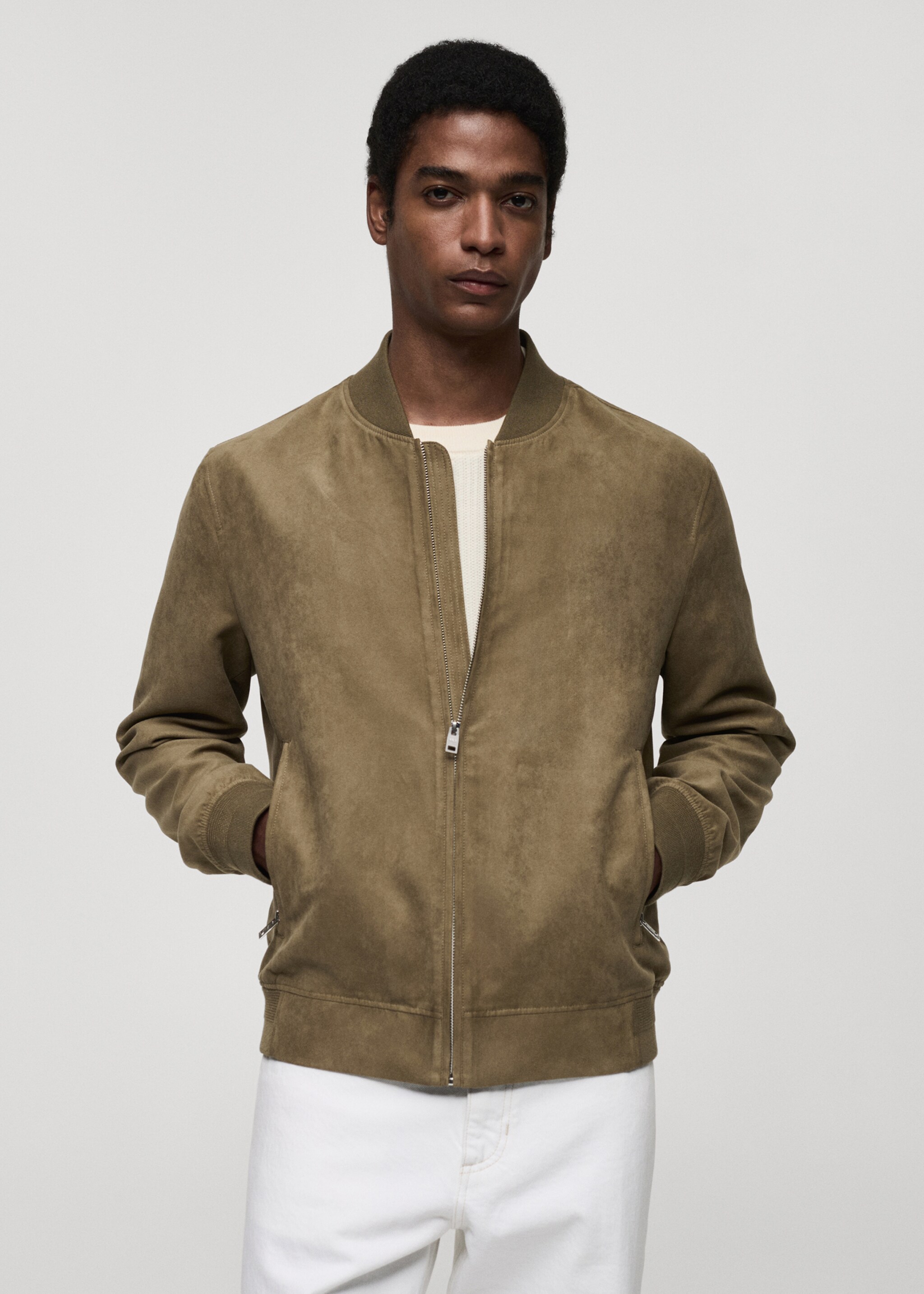 Blouson bomber imitation daim - Plan moyen, Kaki. Ref: 77000571-00.