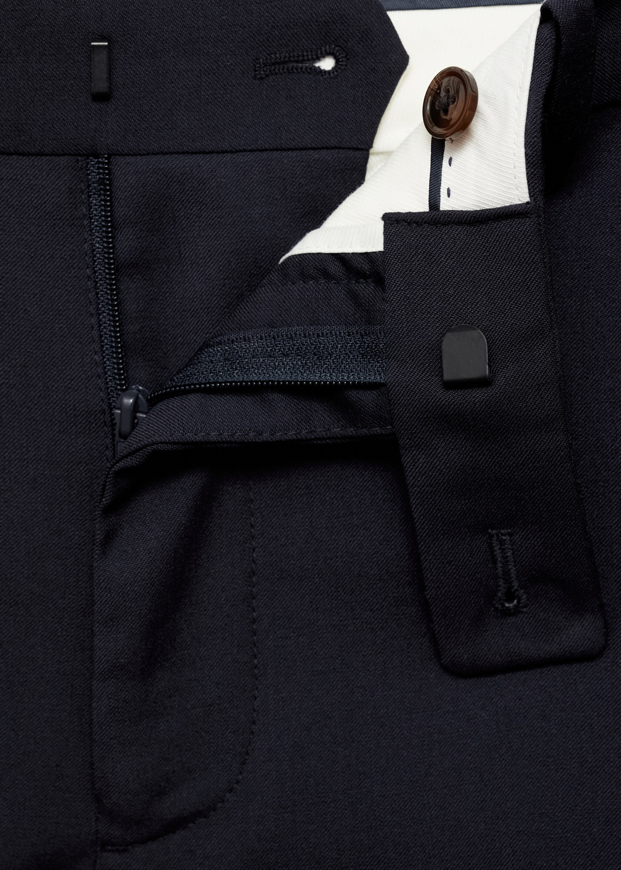 100% virgin wool slim-fit suit trousers - Details of the article 8, Dark Navy. Ref: 77000593-00.
