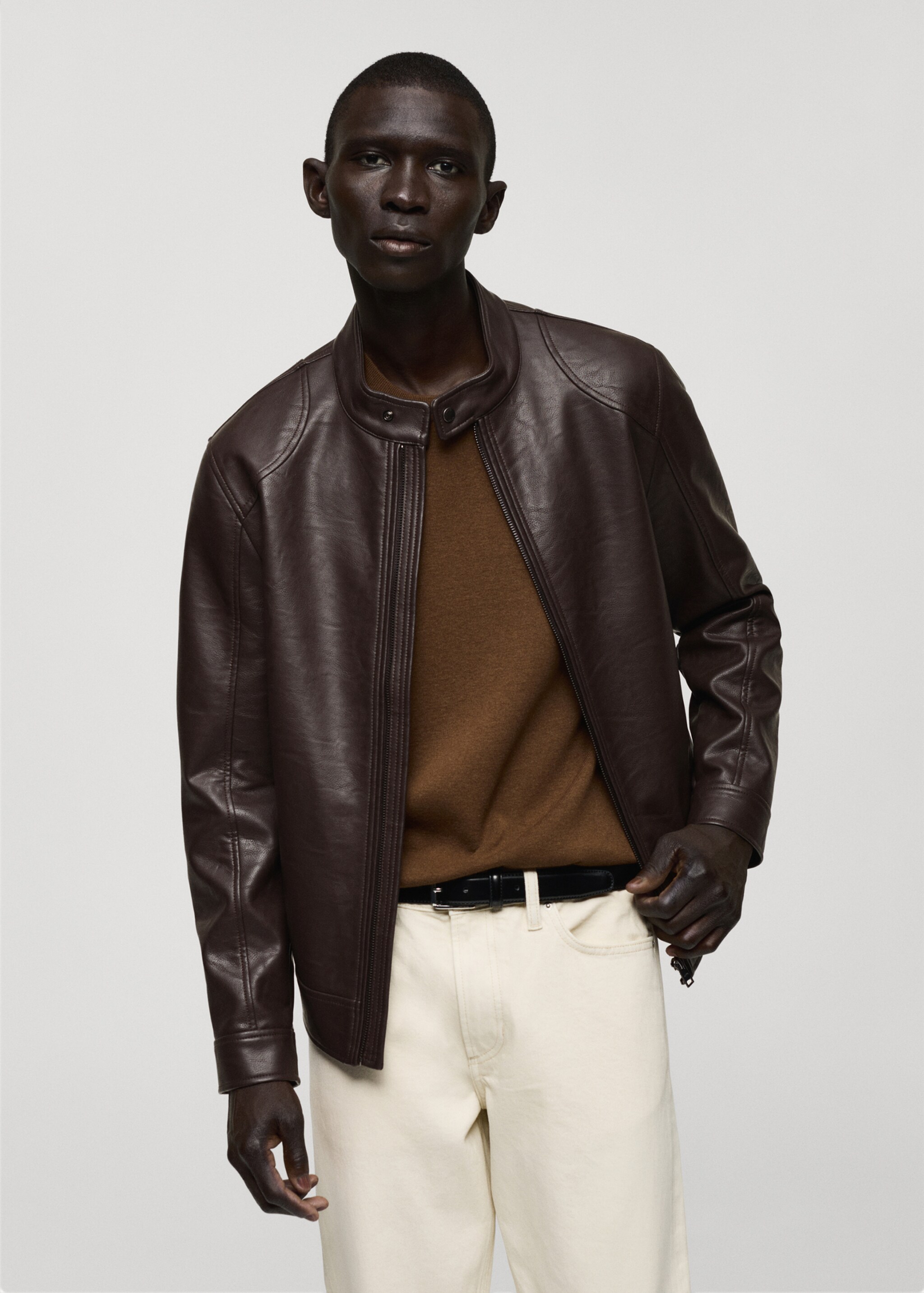 Zip-up leather-effect jacket - Medium plane, Chocolate. Ref: 77004442-00.