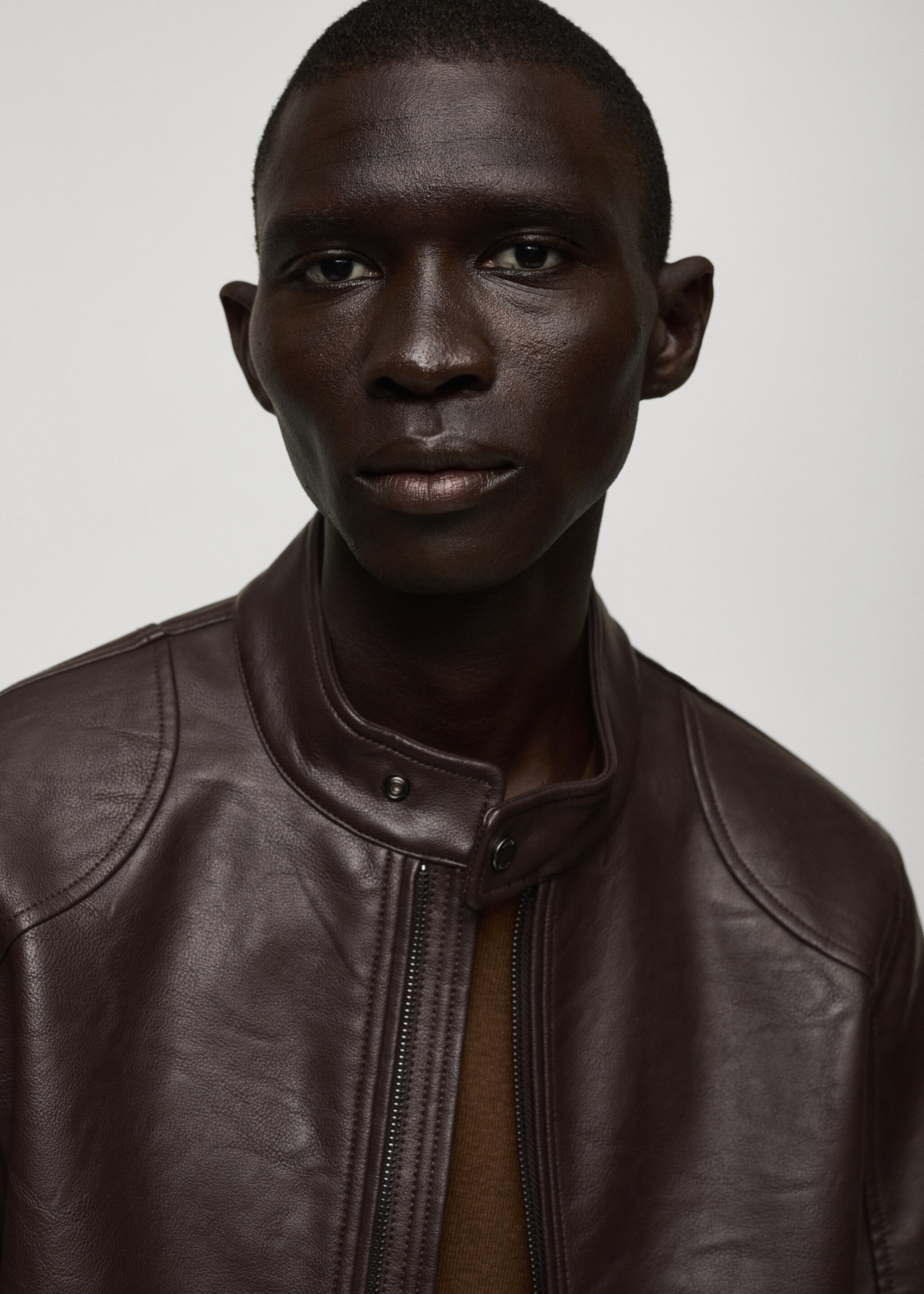 Zip-up leather-effect jacket - Details of the article 1, Chocolate. Ref: 77004442-00.