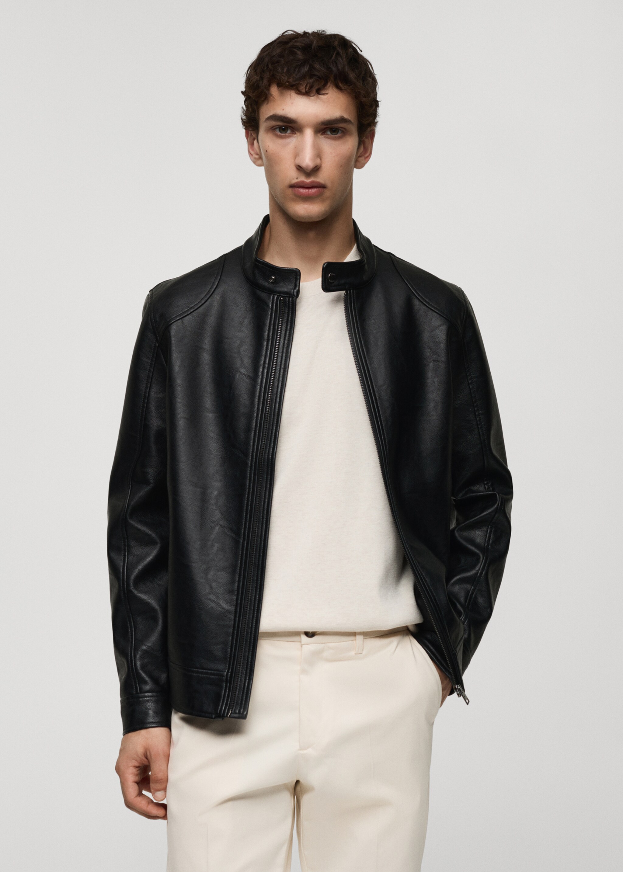 Zip-up leather-effect jacket - Medium plane, Black. Ref: 77004442-00.