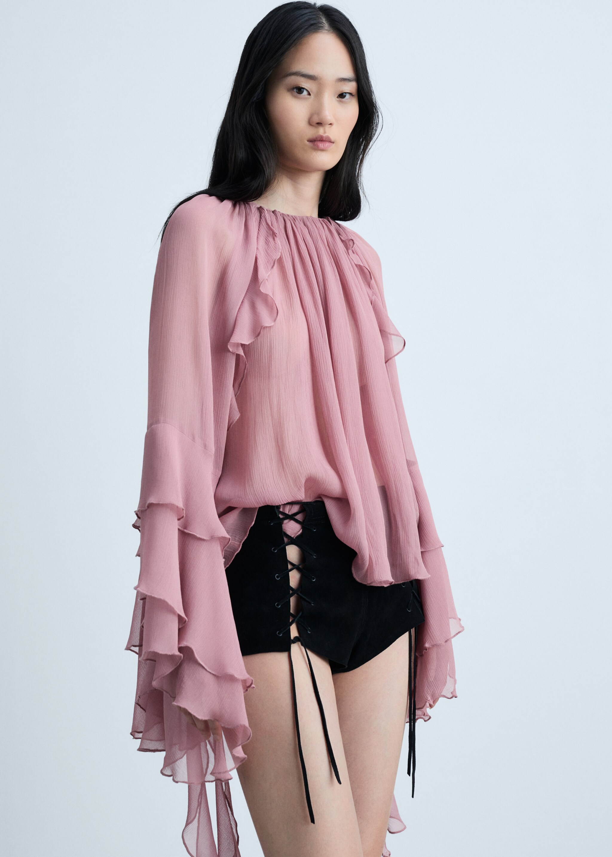 Ruffled chiffon blouse - Medium plane, Pastel Pink. Ref: 77004800-00.