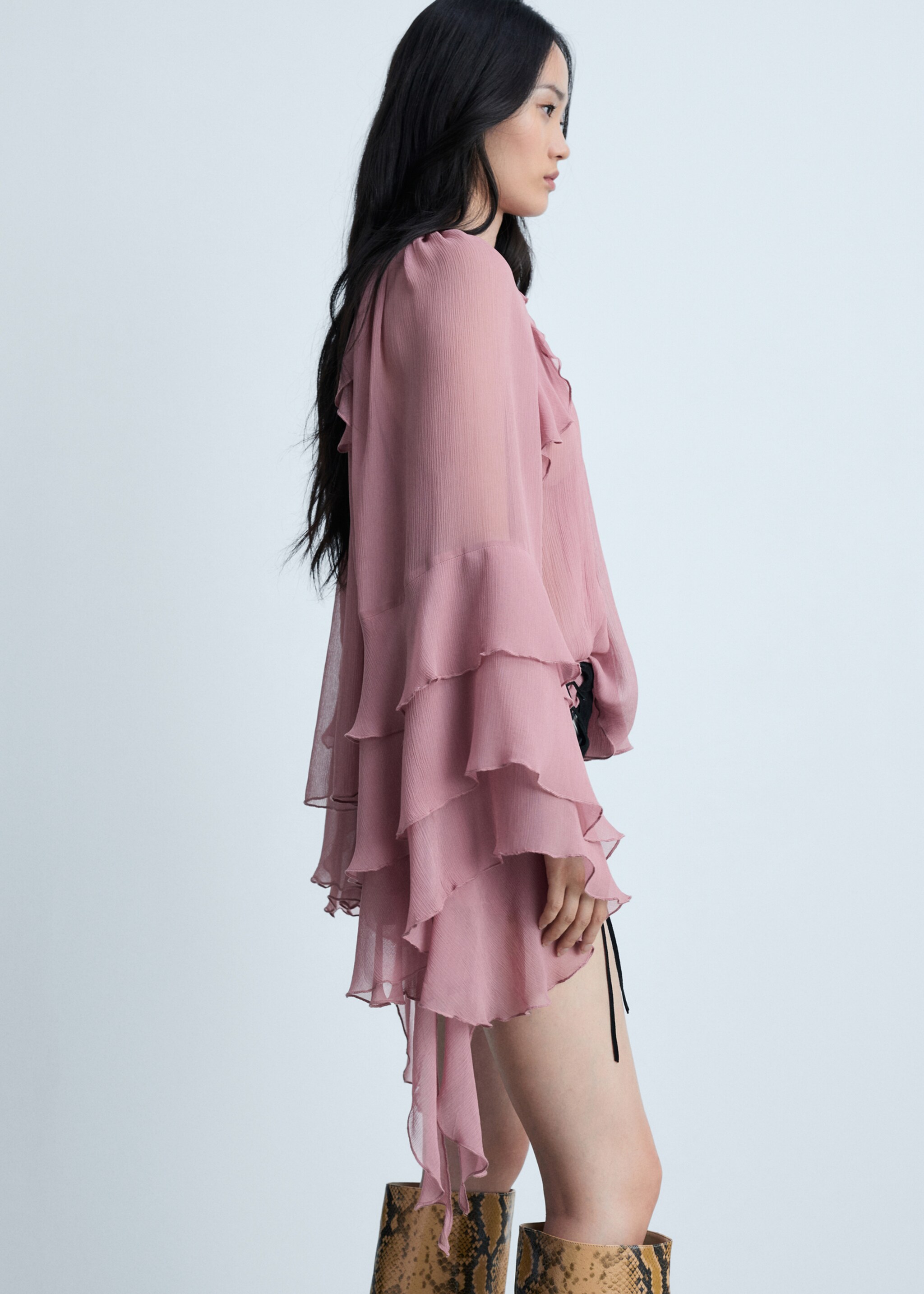 Ruffled chiffon blouse - Details of the article 6, Pastel Pink. Ref: 77004800-00.