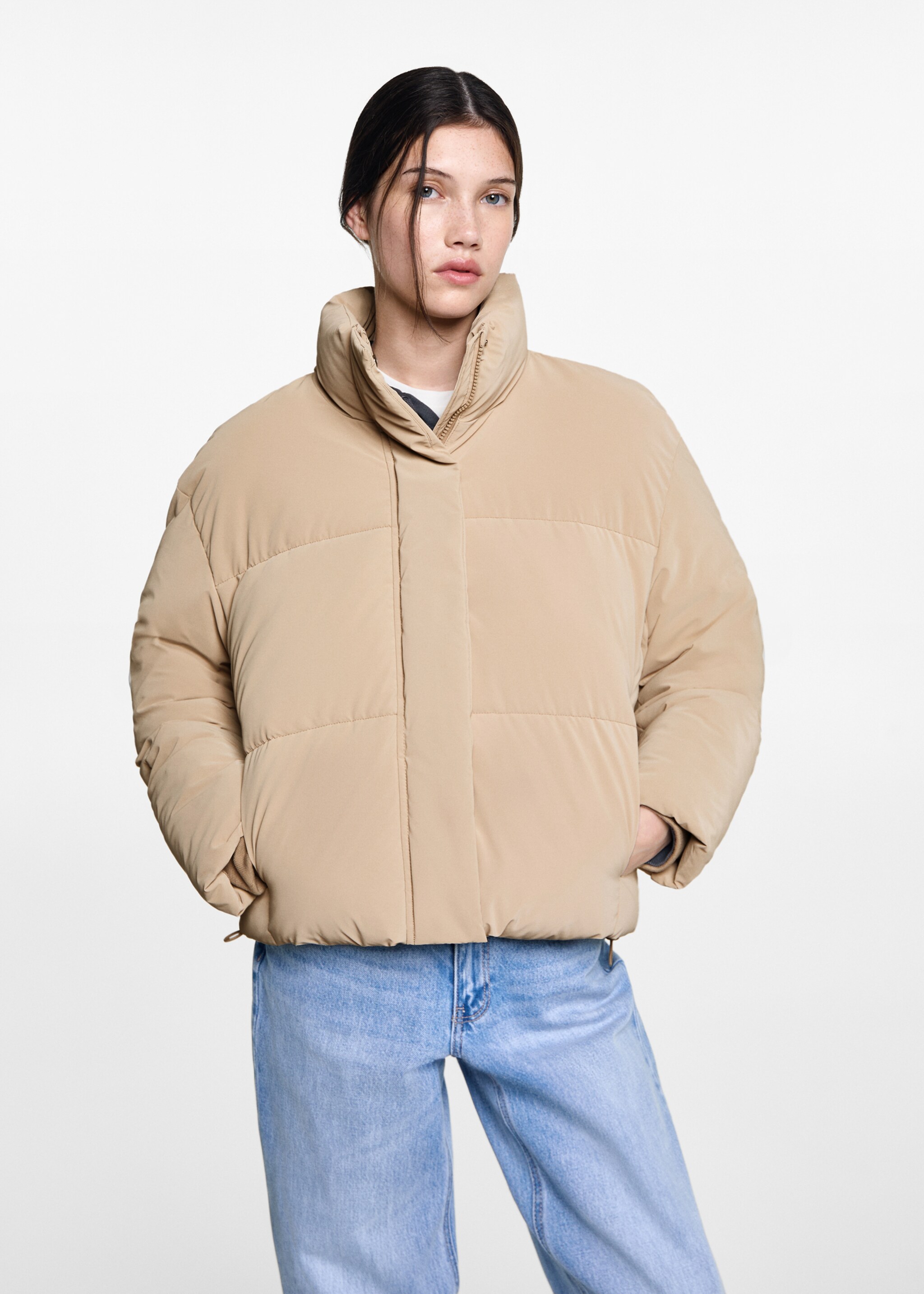 Waterdichte gewatteerde jas met ruitpatroon - Middenvlak, Open beige. Ref: 77005635-00.