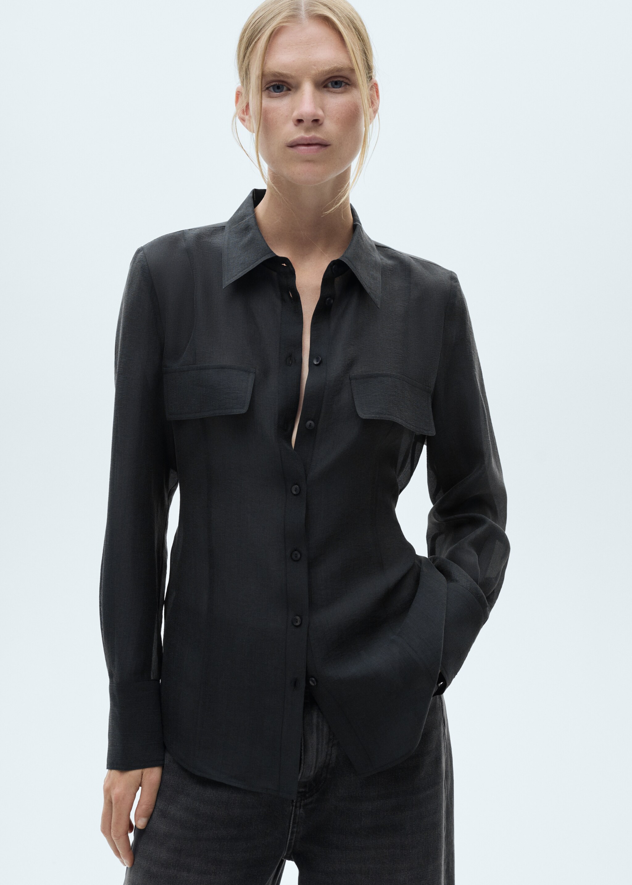 Lyocell shirt with bow - Medium plane, Medium Brown. Ref: 77005655-00.