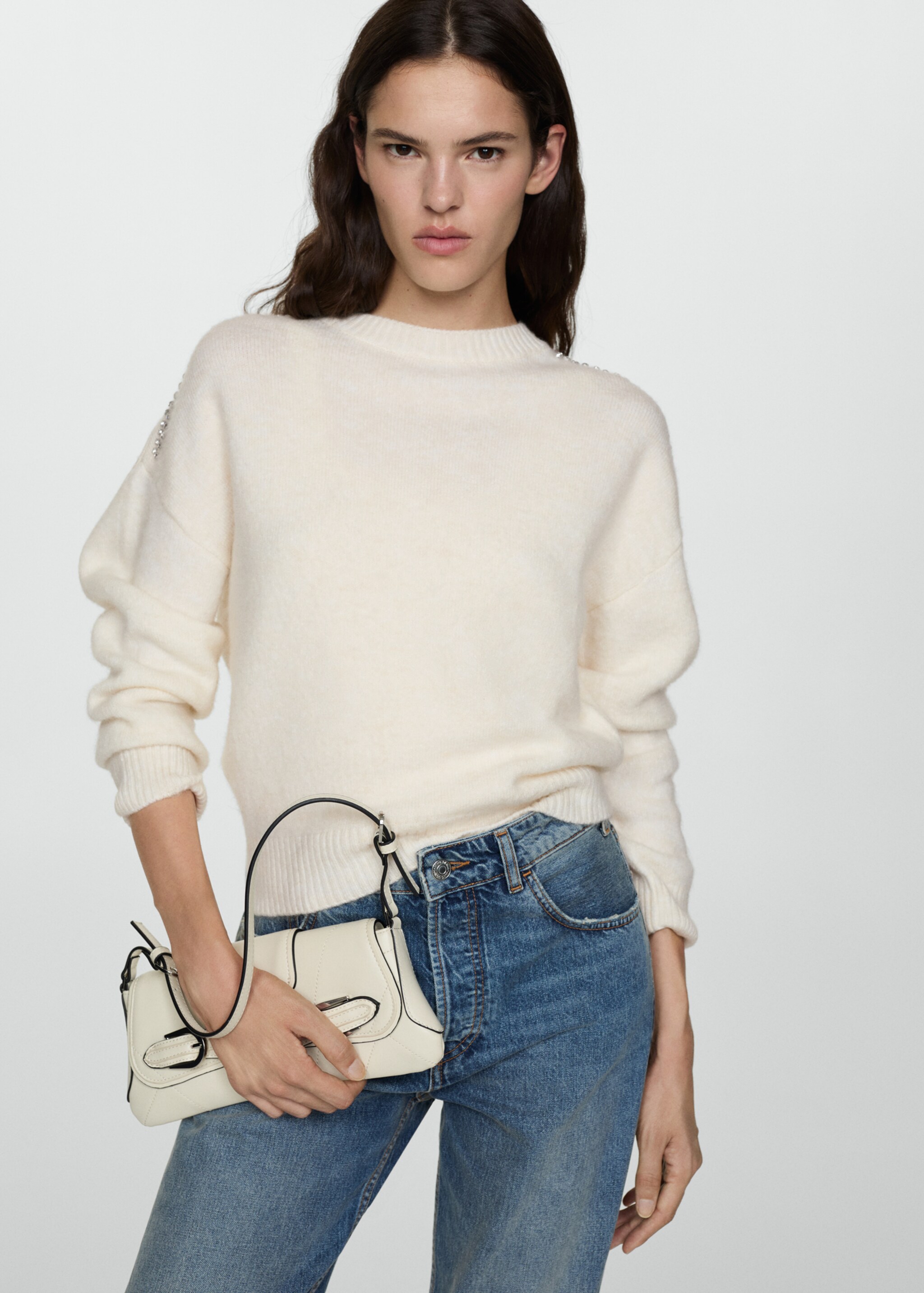 Pull-over maille détails brillants - Plan moyen, Blanc. Ref: 77005671-00.