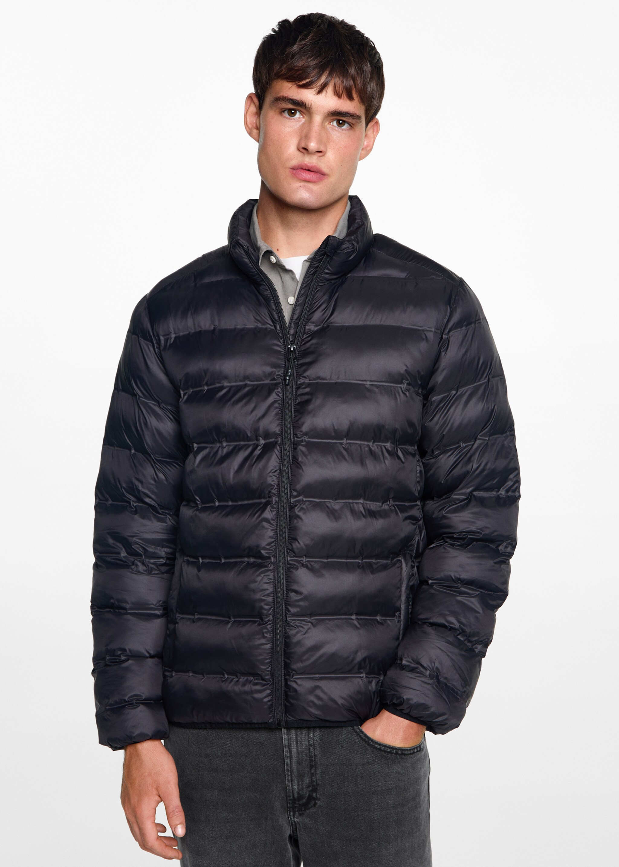 Side-zip quilted coat - Medium plane, Black. Ref: 77005972-00.