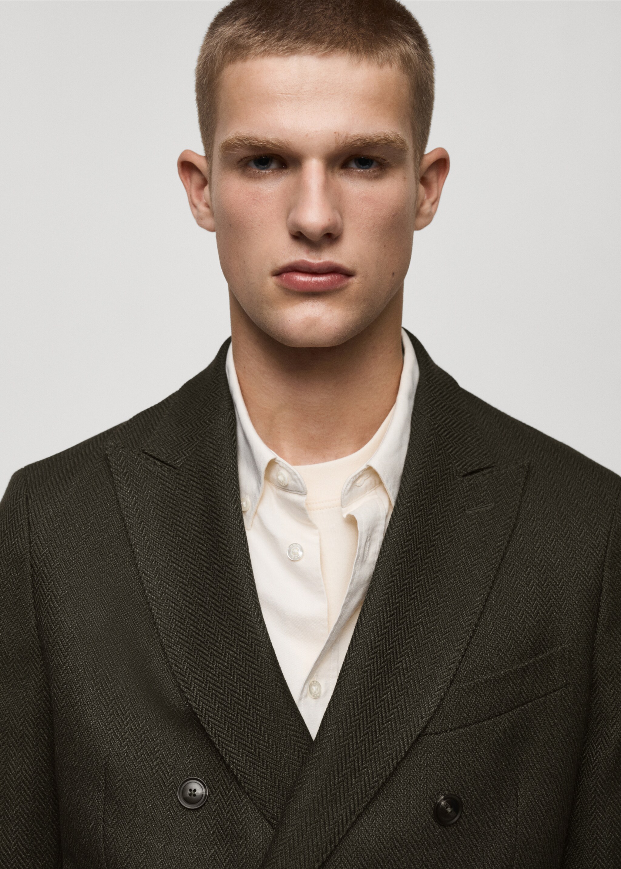 Herringbone slim-fit double-breasted jacket - Details of the article 1, Green. Ref: 77005974-00.