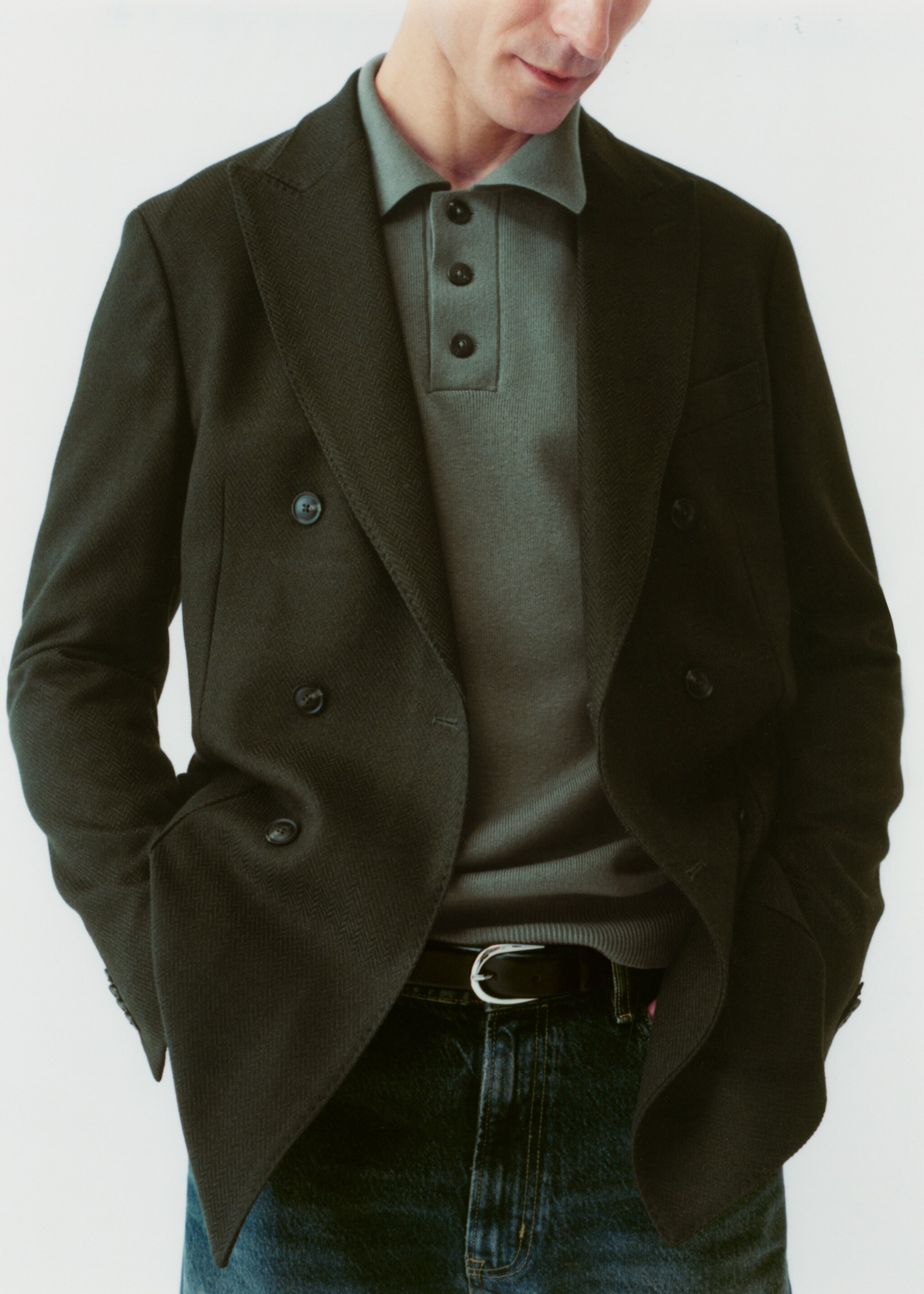 Herringbone slim-fit double-breasted jacket - Details of the article 3, Green. Ref: 77005974-00.