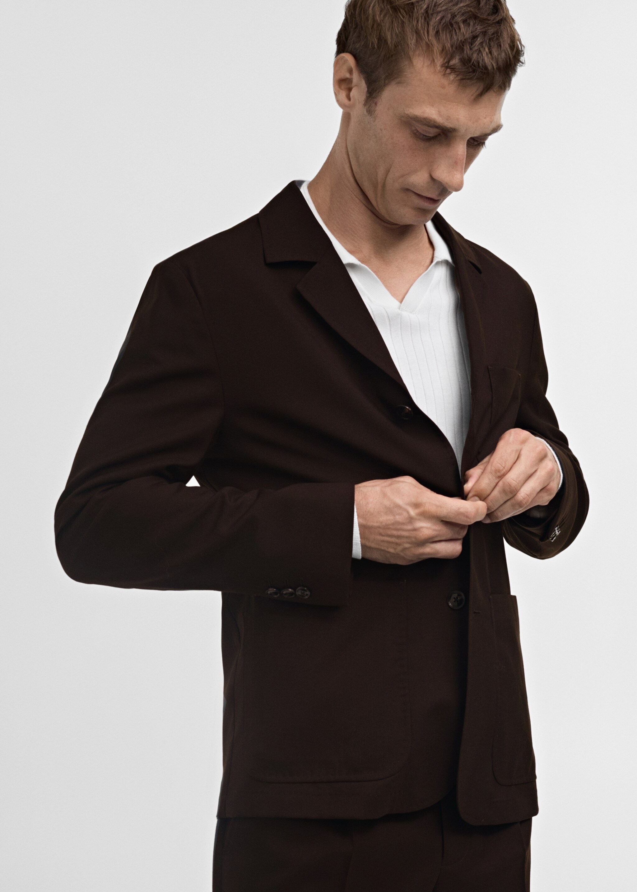 Blazer de fato de 100% lã slim fit - Pormenor do artigo 6, Castanho. Ref: 77005976-00.