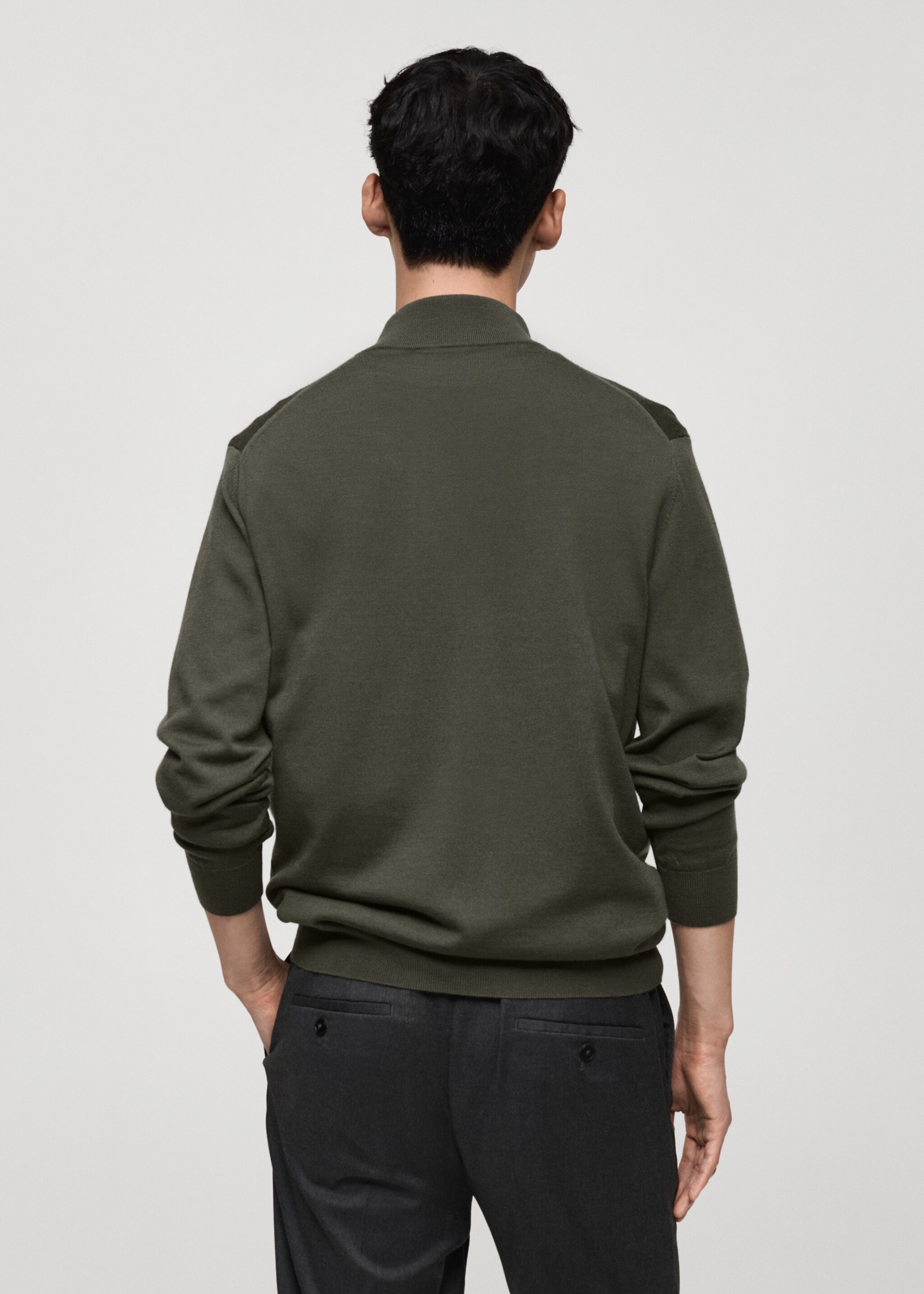 Pullover aus 100 % Merinowolle mit Zip-Kragen - Rückseite des Artikels, Waldgrün. Ref: 77005979-00.