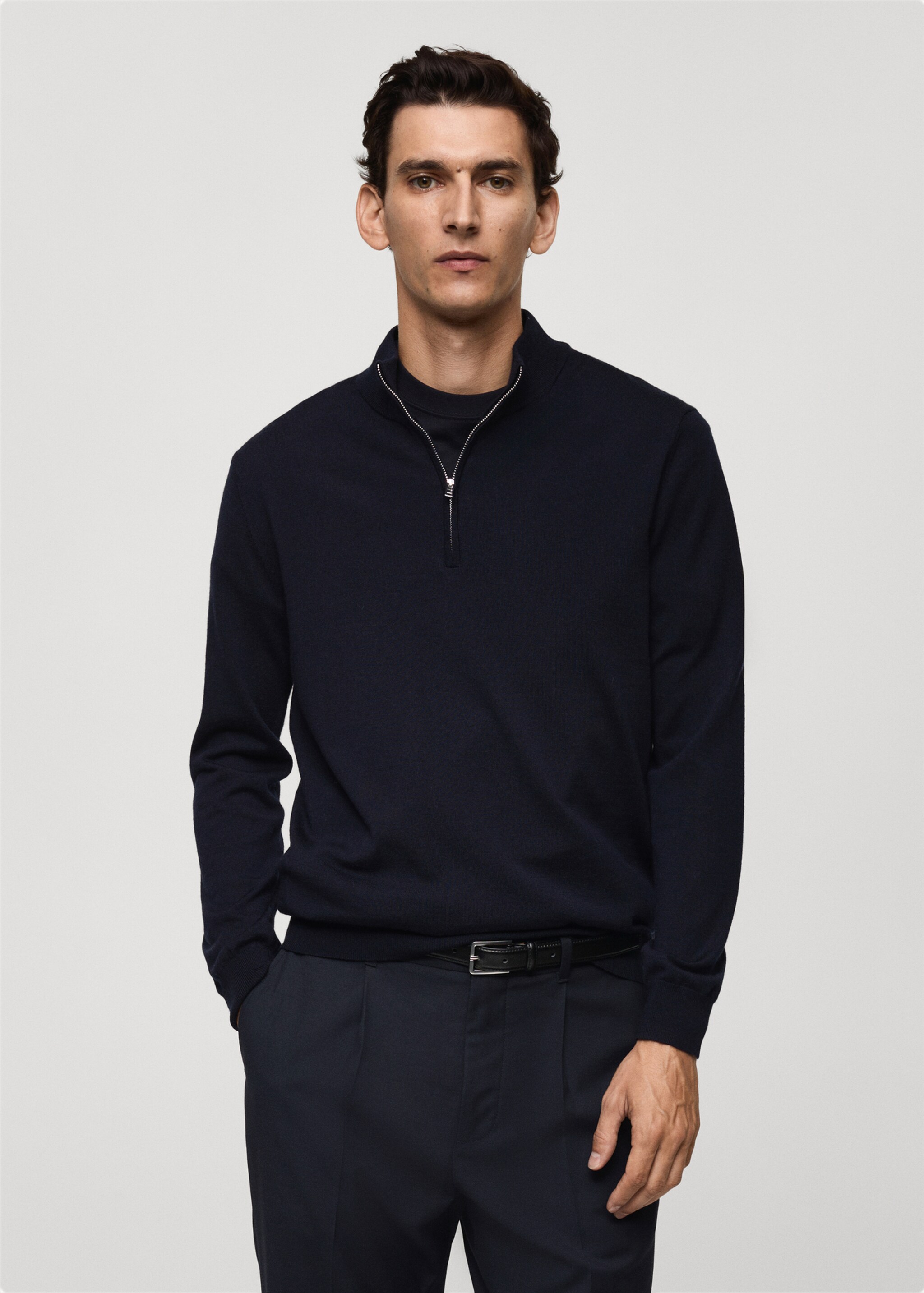 Jersey 100% lana merino cuello cremallera - Plano medio, Azul marino oscuro. Ref: 77005979-00.