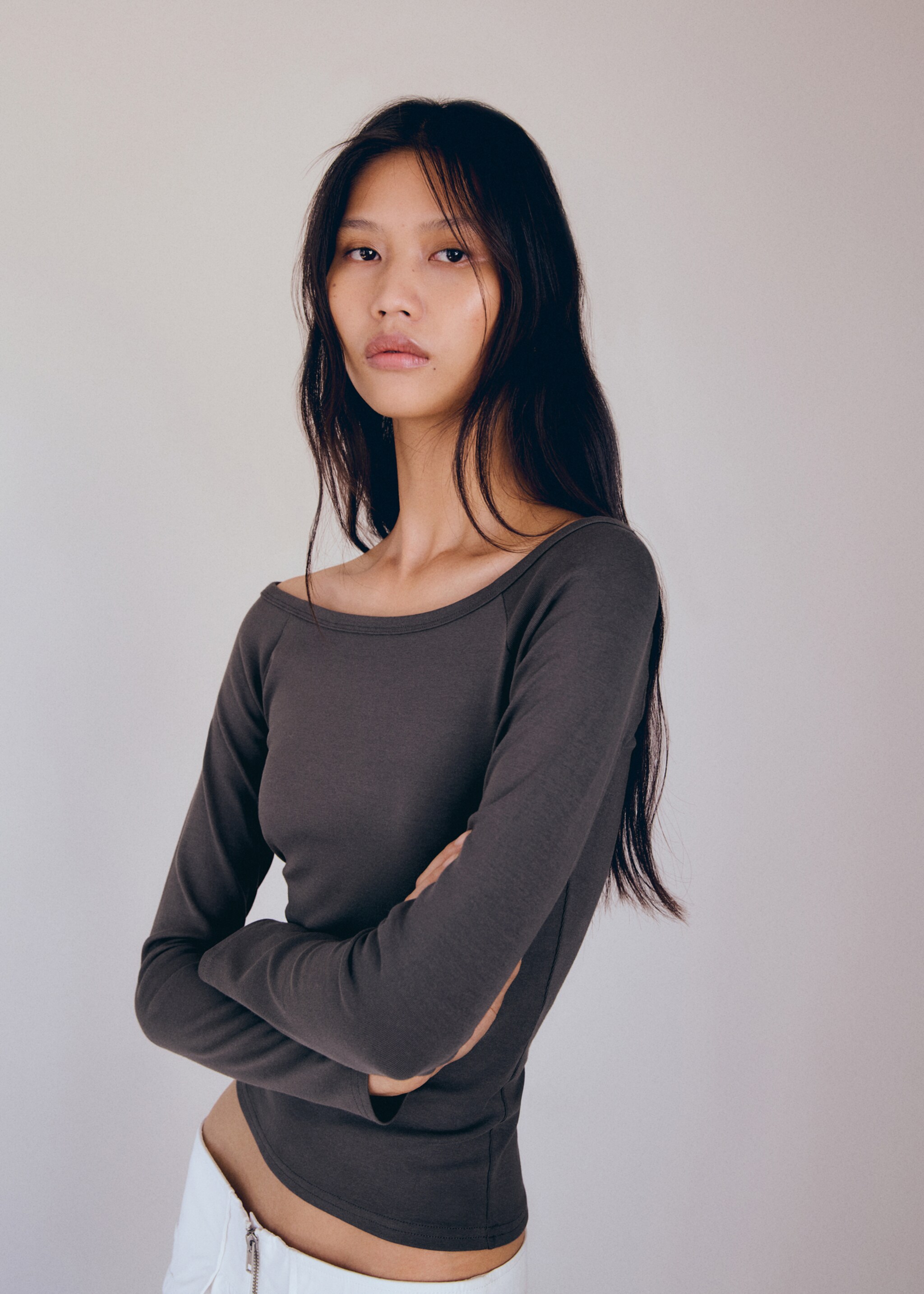 Cotton boat neck t-shirt - Medium plane, Grey. Ref: 77006358-00.