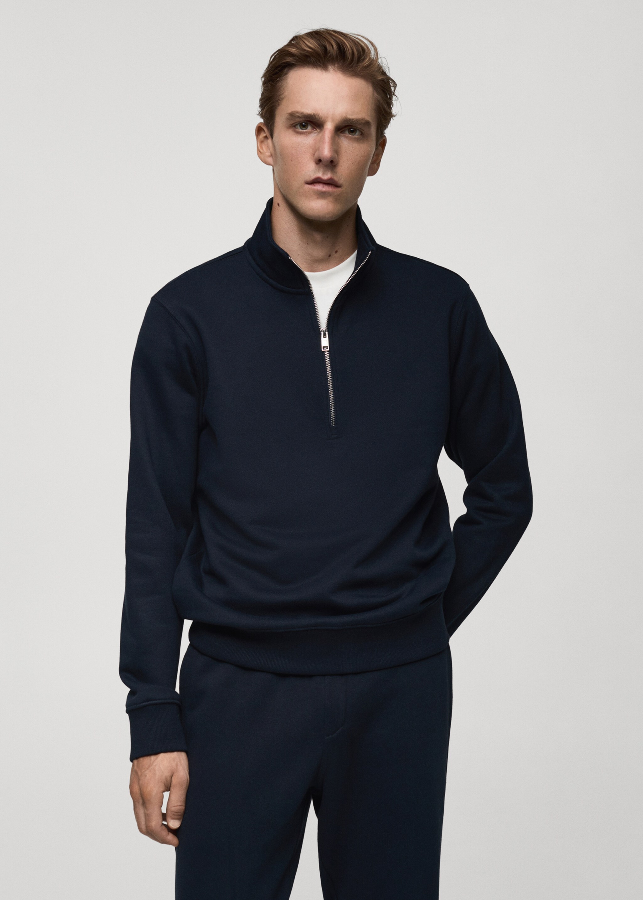 Cotton sweatshirt with zip neck - Medium plane, Dark Navy. Ref: 77007119-00.
