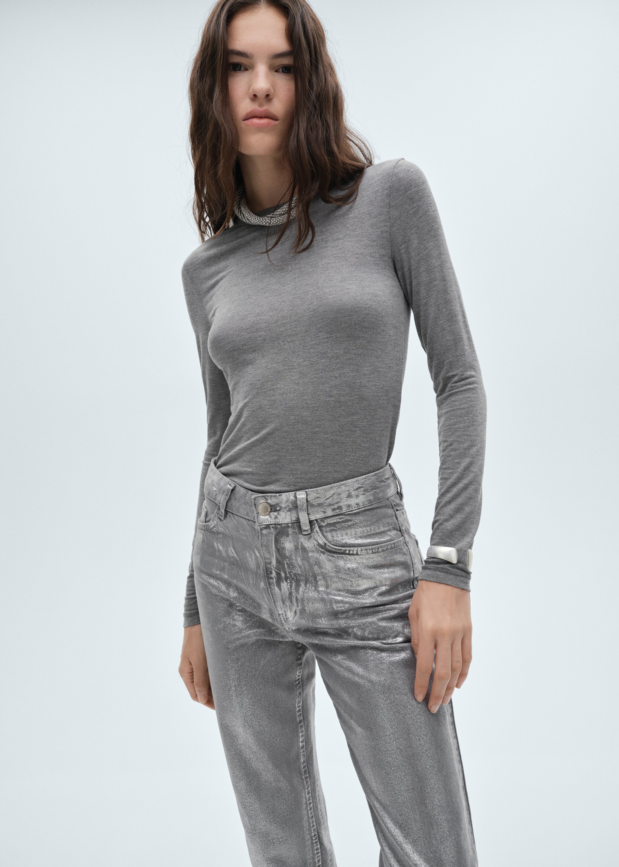 Straight foil jeans - Details of the article 1, Silver. Ref: 77007131-00.