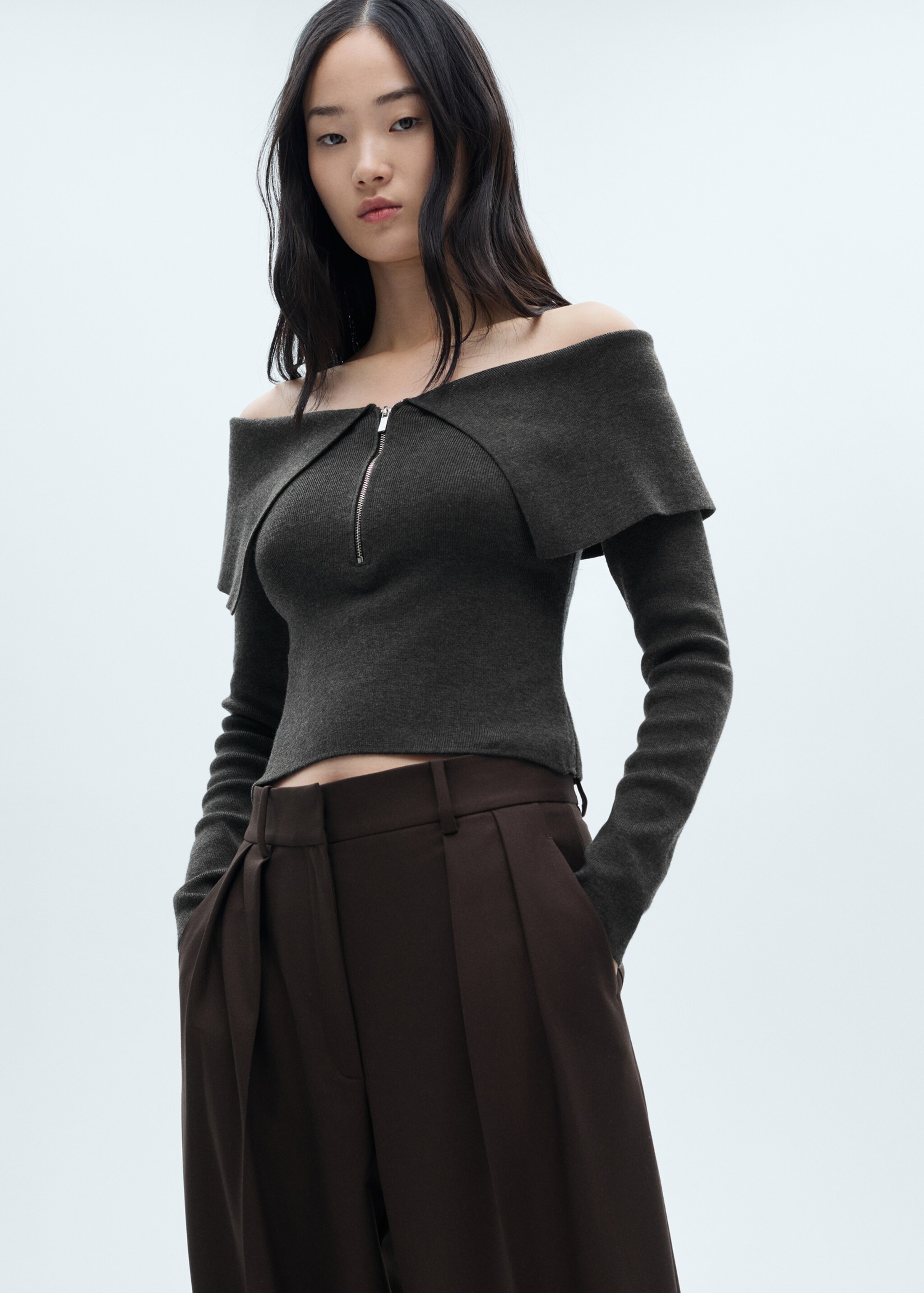 Open-shoulder sweater with zip - Medium plane, Dark Heather Grey. Ref: 77007693-00.
