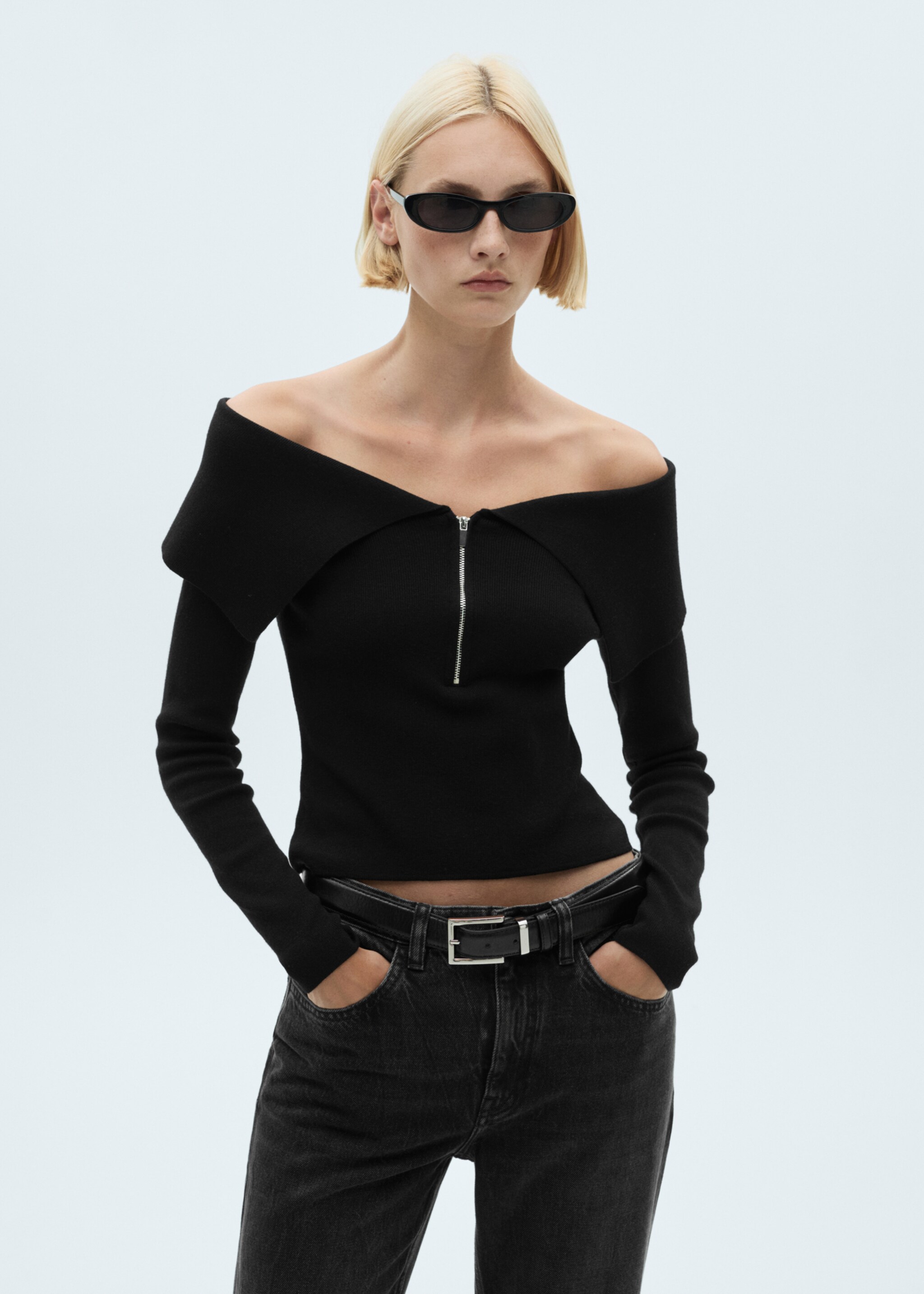 Πουλόβερ off shoulder φερμουάρ - Μεσαίο πλάνο, Μαύρο. Ref: 77007693-00.