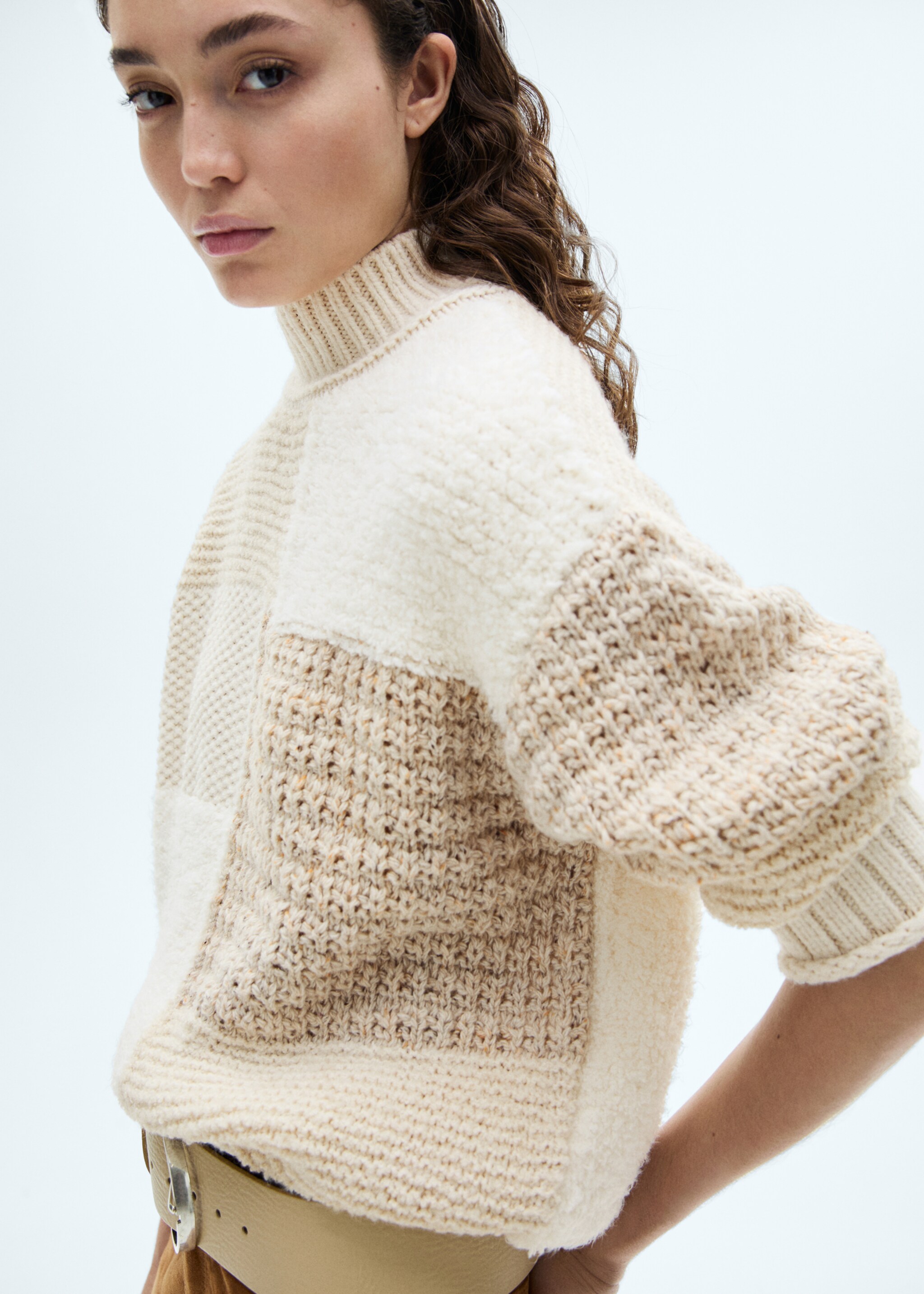 Patchwork sweater with perkins neck - Details of the article 2, Ecru. Ref: 77007728-00.