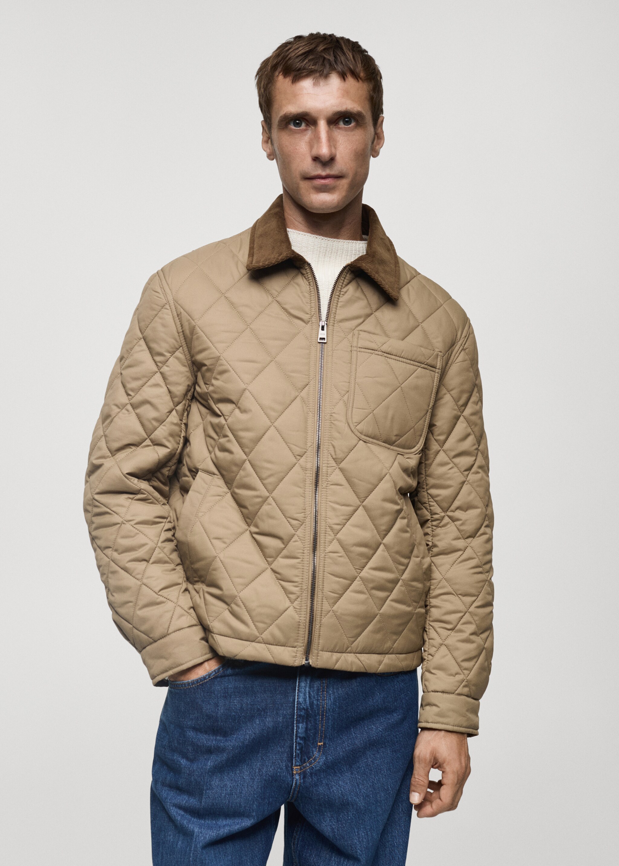 Quilted jacket with corduroy collar - Medium plane, Beige. Ref: 77007922-00.