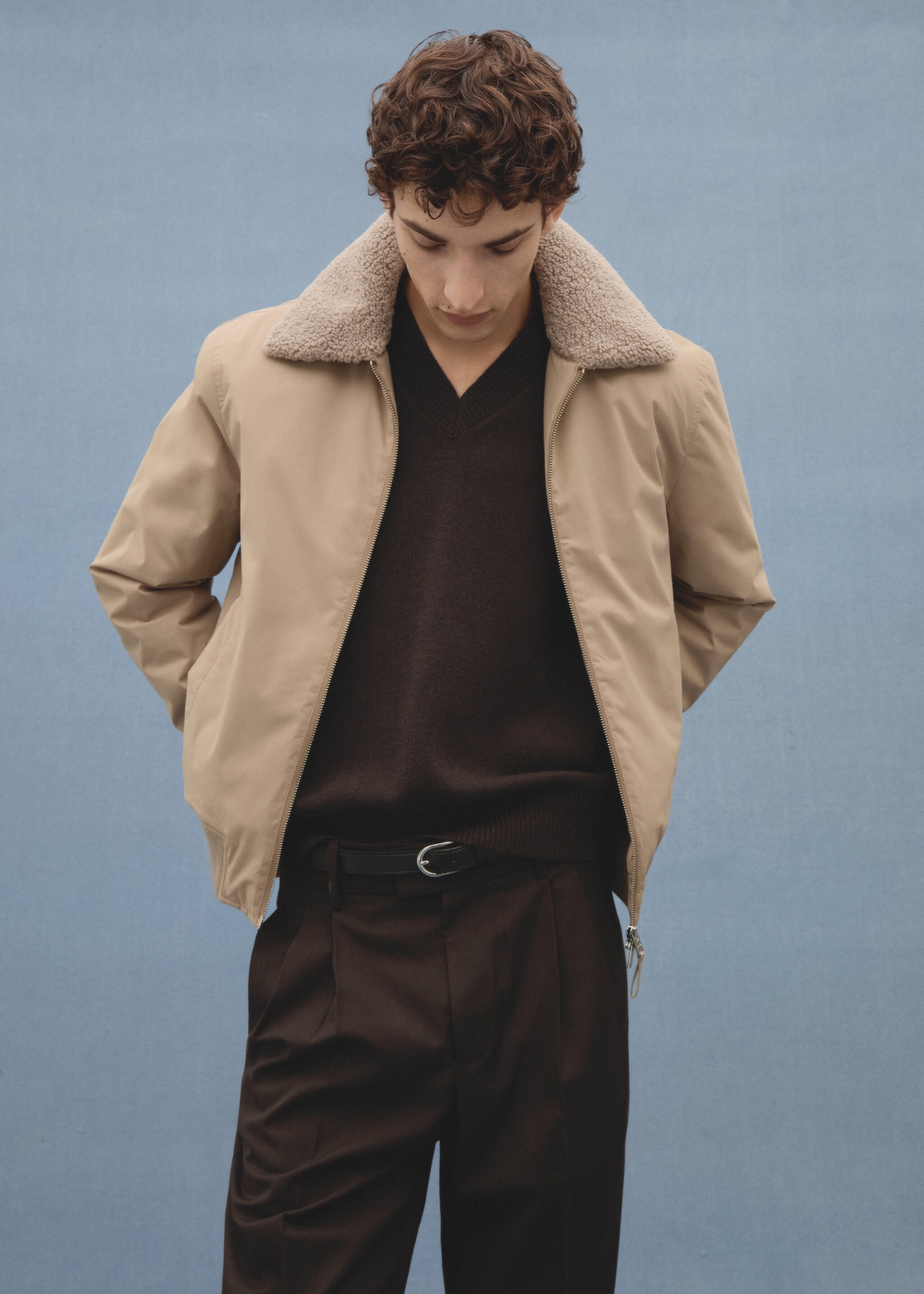 Water-repellent jacket with sheepskin collar - Details of the article 5, Beige. Ref: 77007927-00.