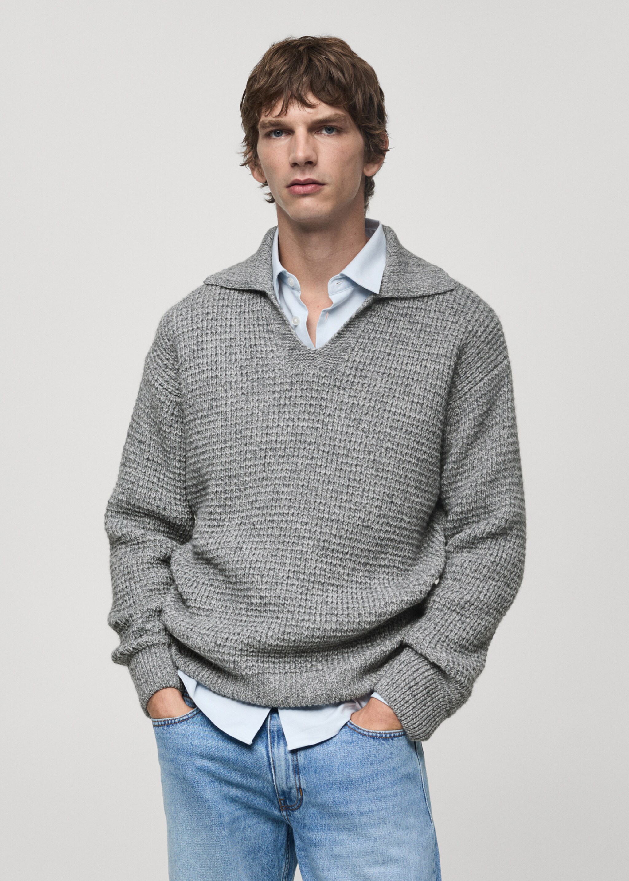 Braided polo-neck sweater - Medium plane, Medium Heather Grey. Ref: 77007940-00.