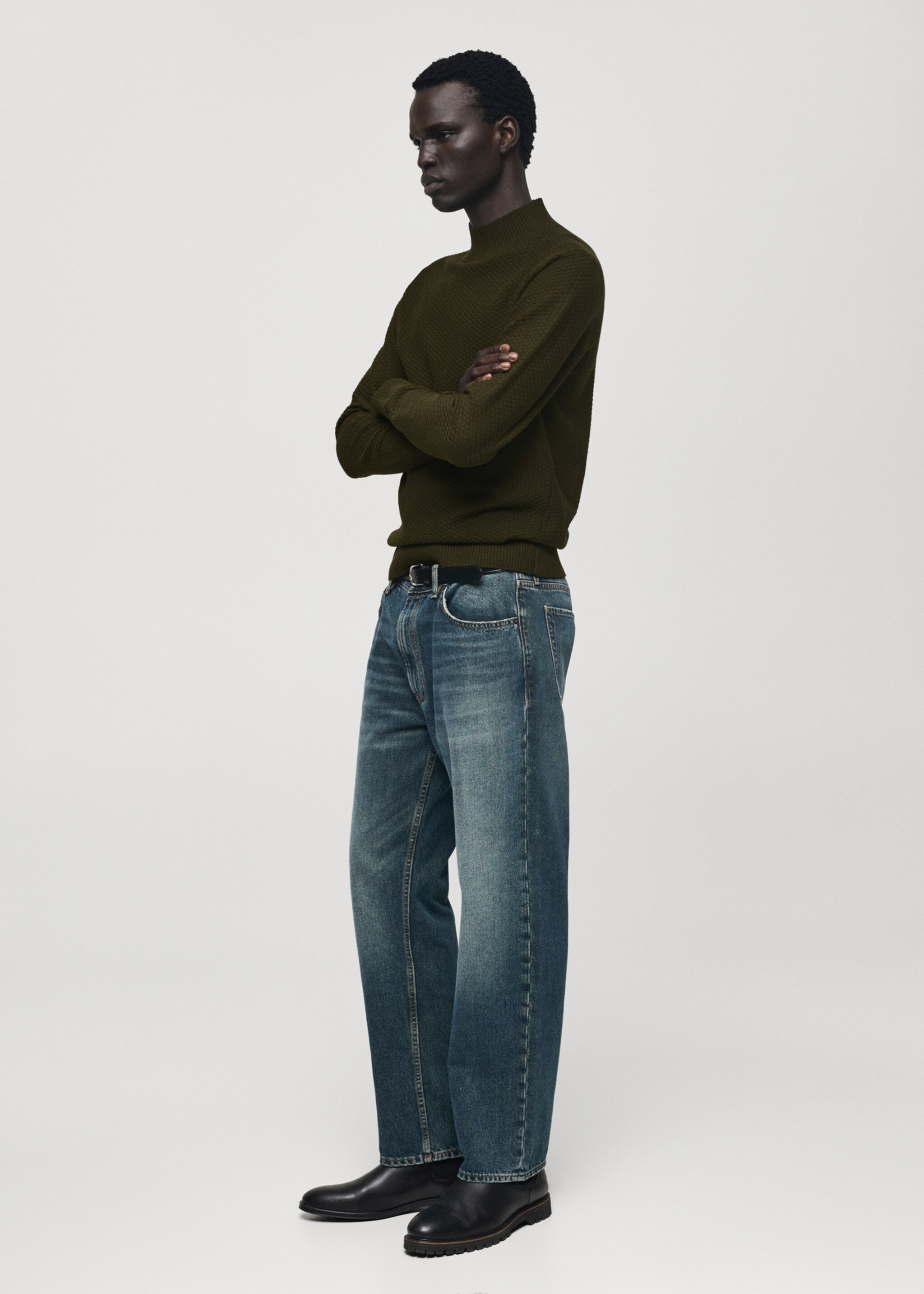 Cotton sweater with perkins-neck  structure - Details of the article 2, Khaki. Ref: 77007943-00.