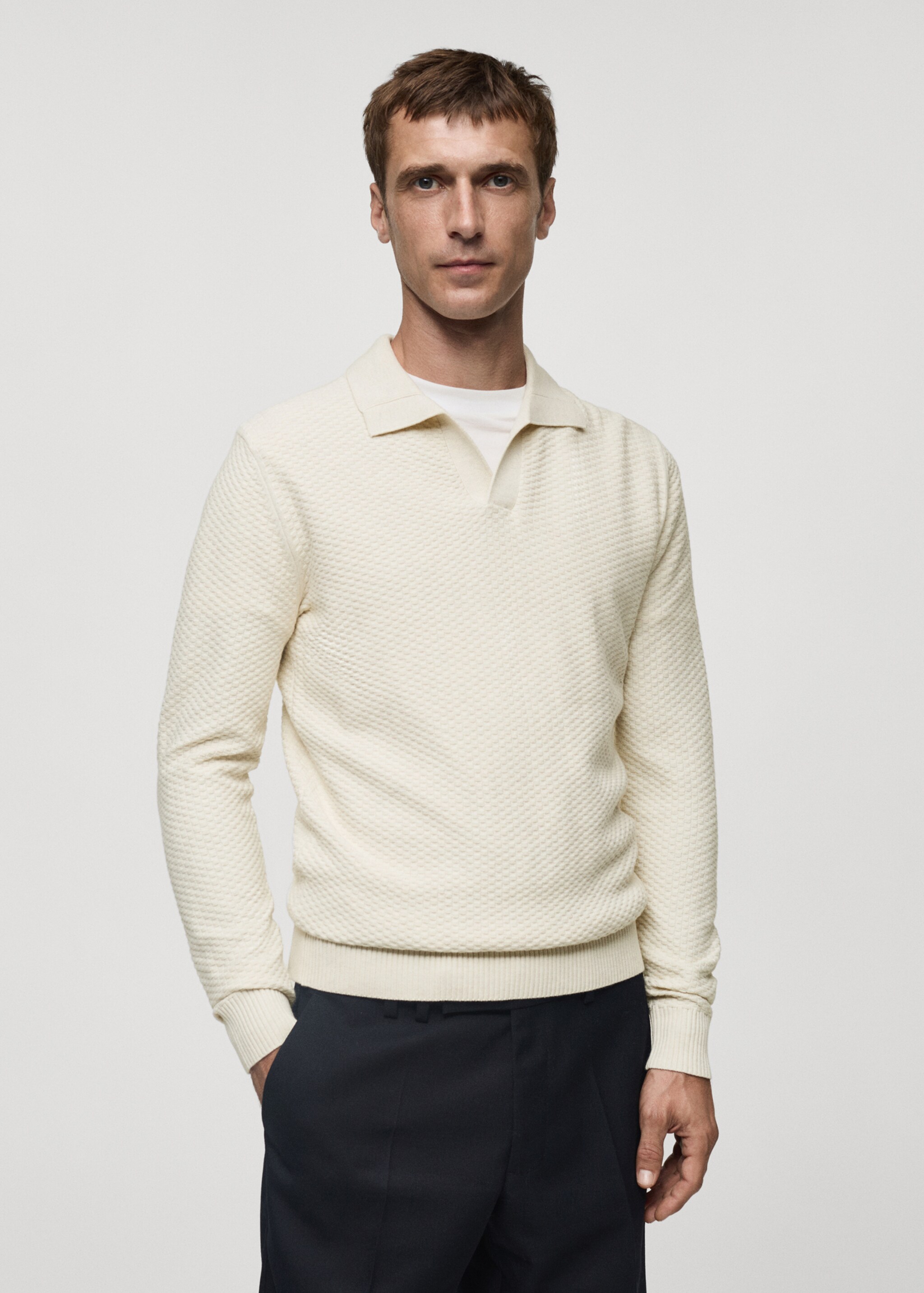 Cotton-blend structured polo sweater - Medium plane, Sand. Ref: 77007944-00.