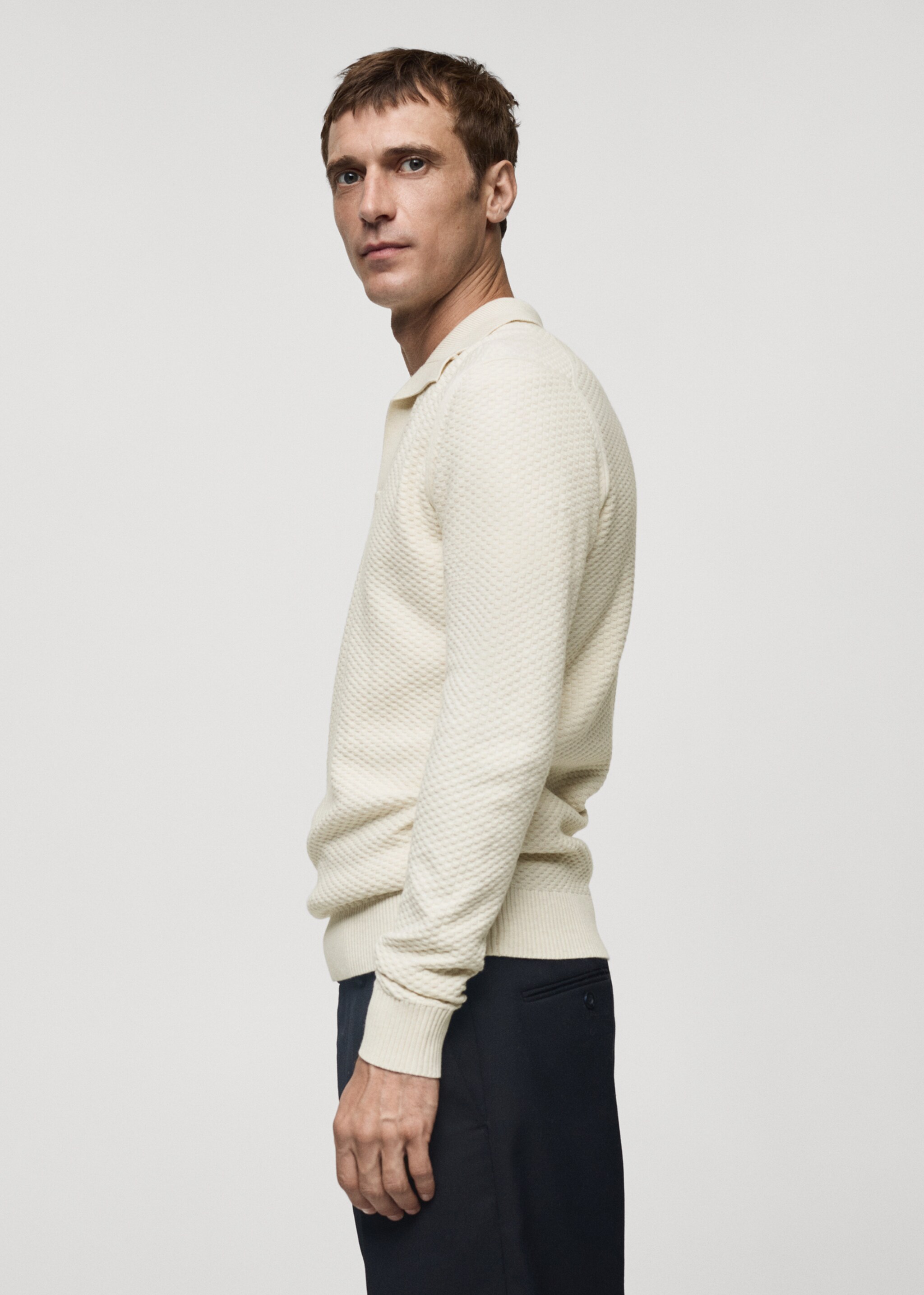 Cotton-blend structured polo sweater - Details of the article 2, Sand. Ref: 77007944-00.