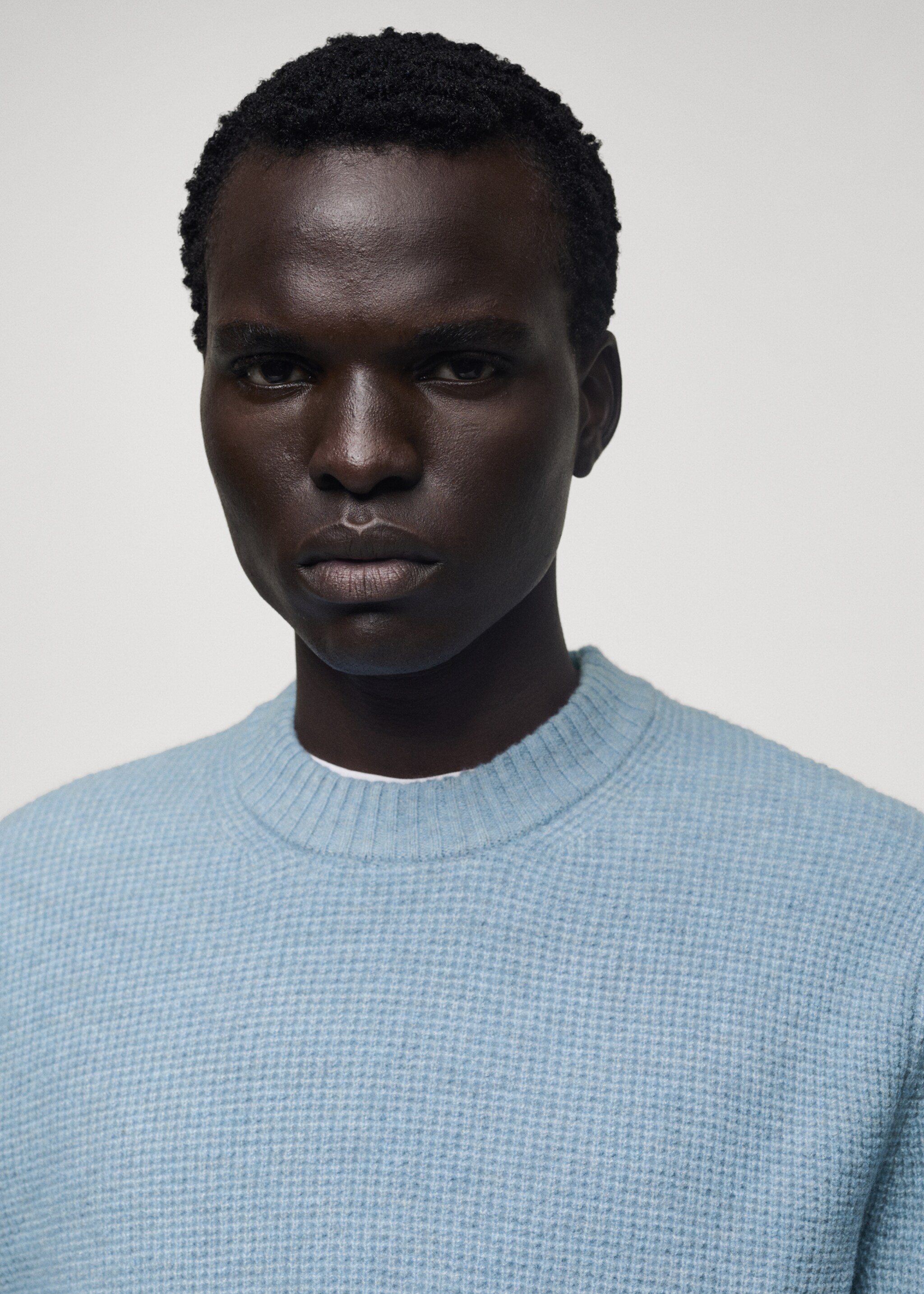 Knitted sweater with check structure - Details of the article 1, Sky Blue. Ref: 77007950-00.