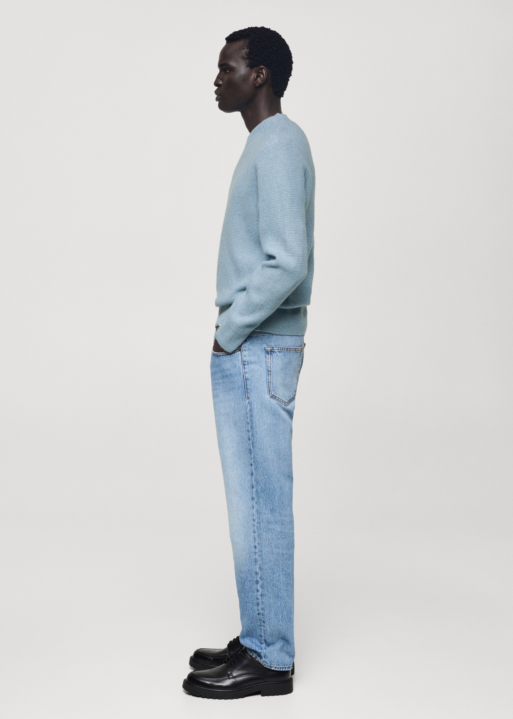 Knitted sweater with check structure - Details of the article 2, Sky Blue. Ref: 77007950-00.