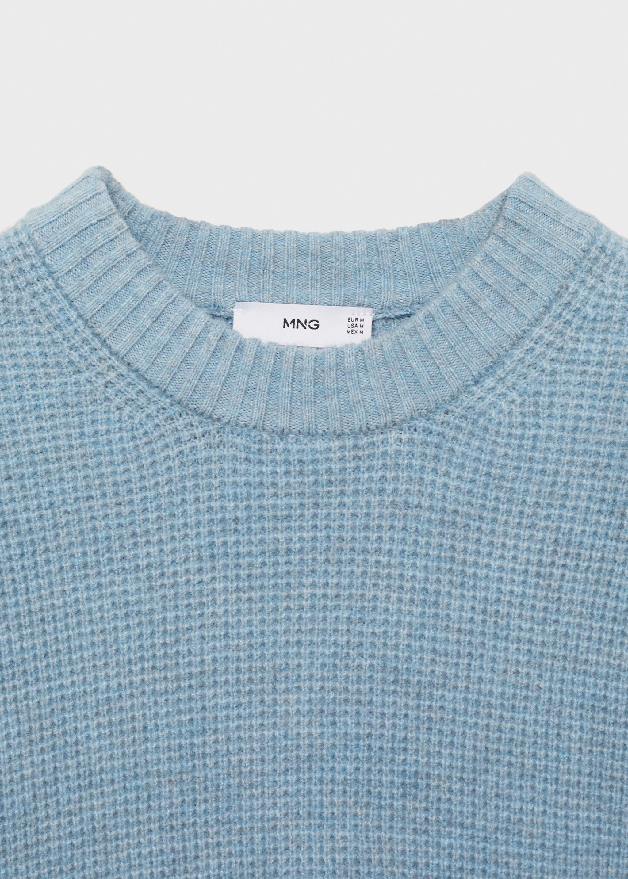 Knitted sweater with check structure - Details of the article 8, Sky Blue. Ref: 77007950-00.
