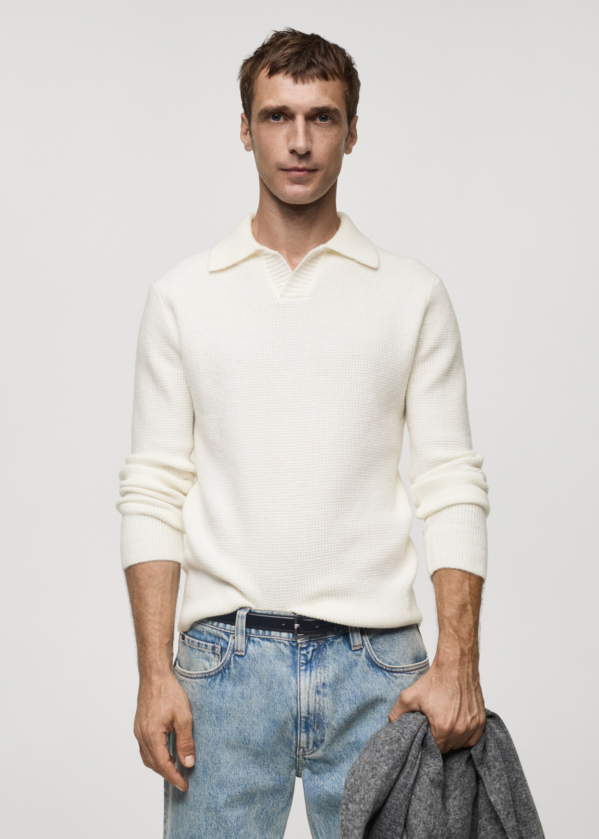 Knitted structured check polo sweater - Medium plane, Off White. Ref: 77007952-00.