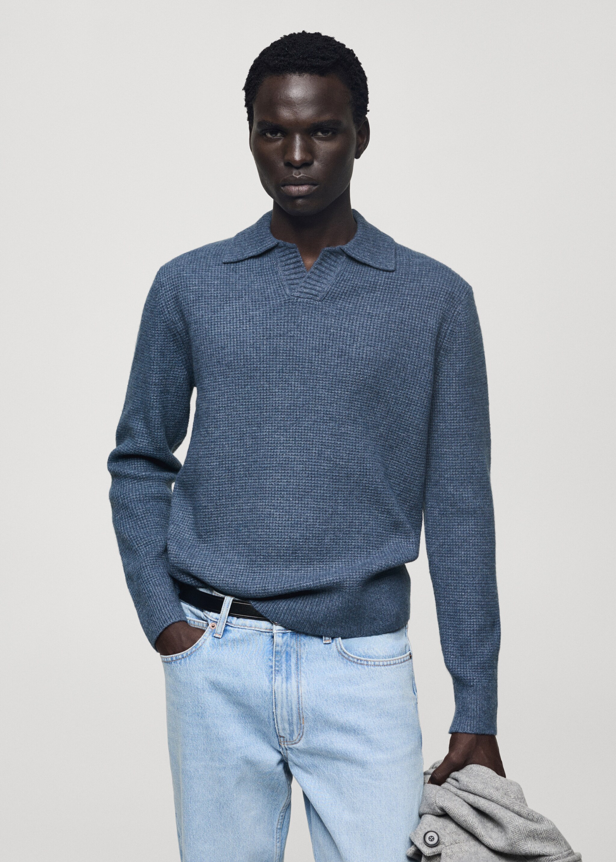 Knitted structured check polo sweater - Medium plane, China Blue. Ref: 77007952-00.