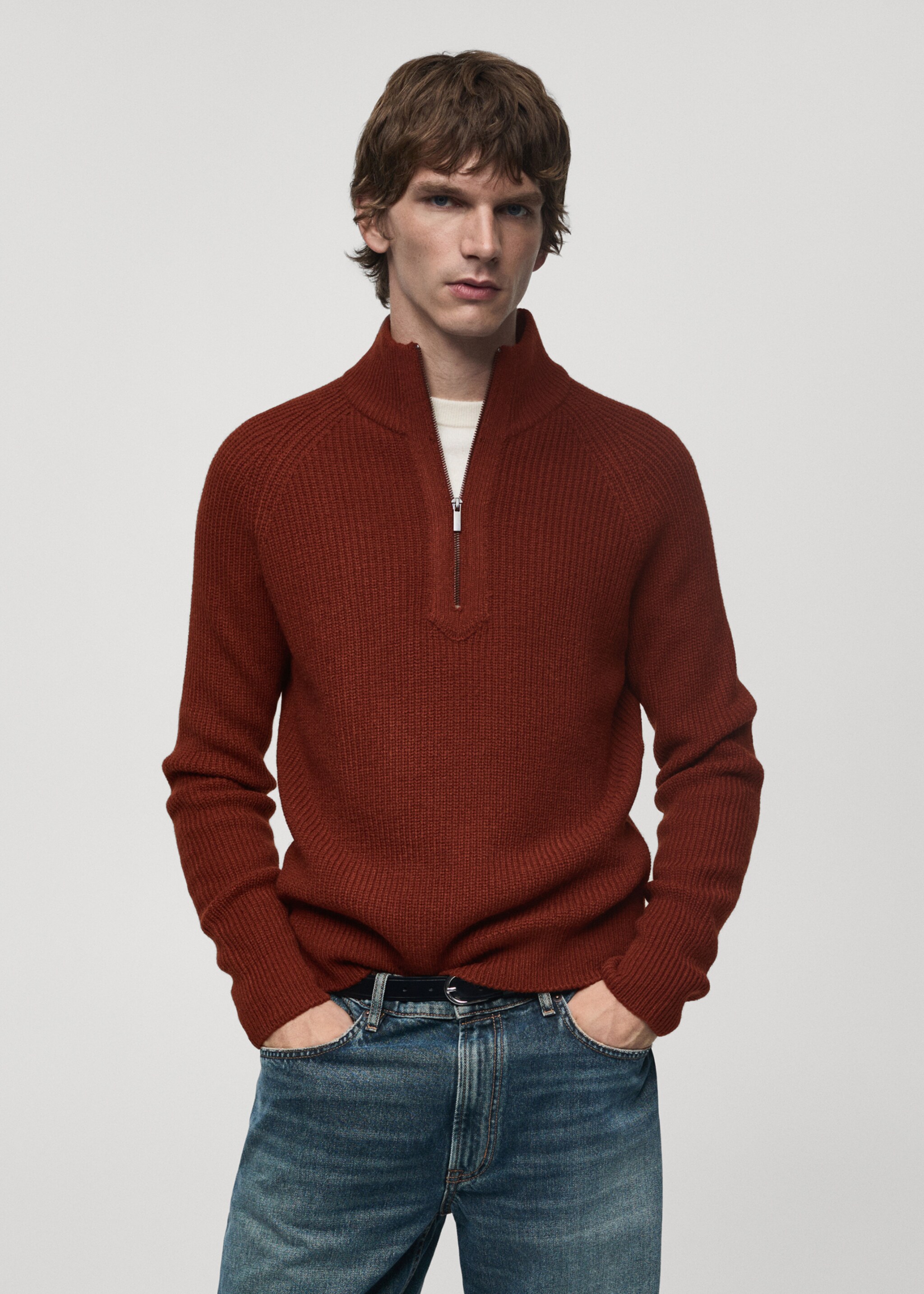 Rib-knit sweater with perkins neck - Medium plane, Burnt Orange. Ref: 77007953-00.