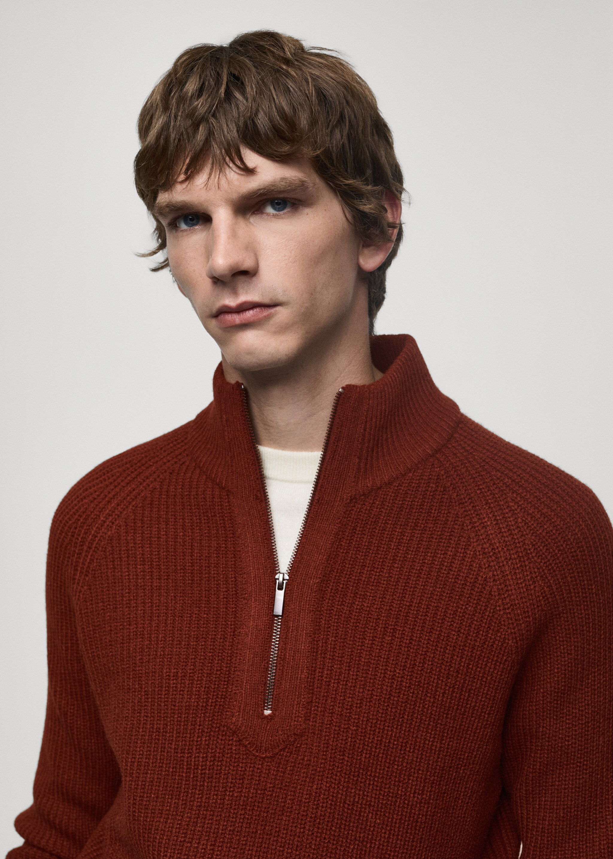 Rib-knit sweater with perkins neck - Details of the article 1, Burnt Orange. Ref: 77007953-00.