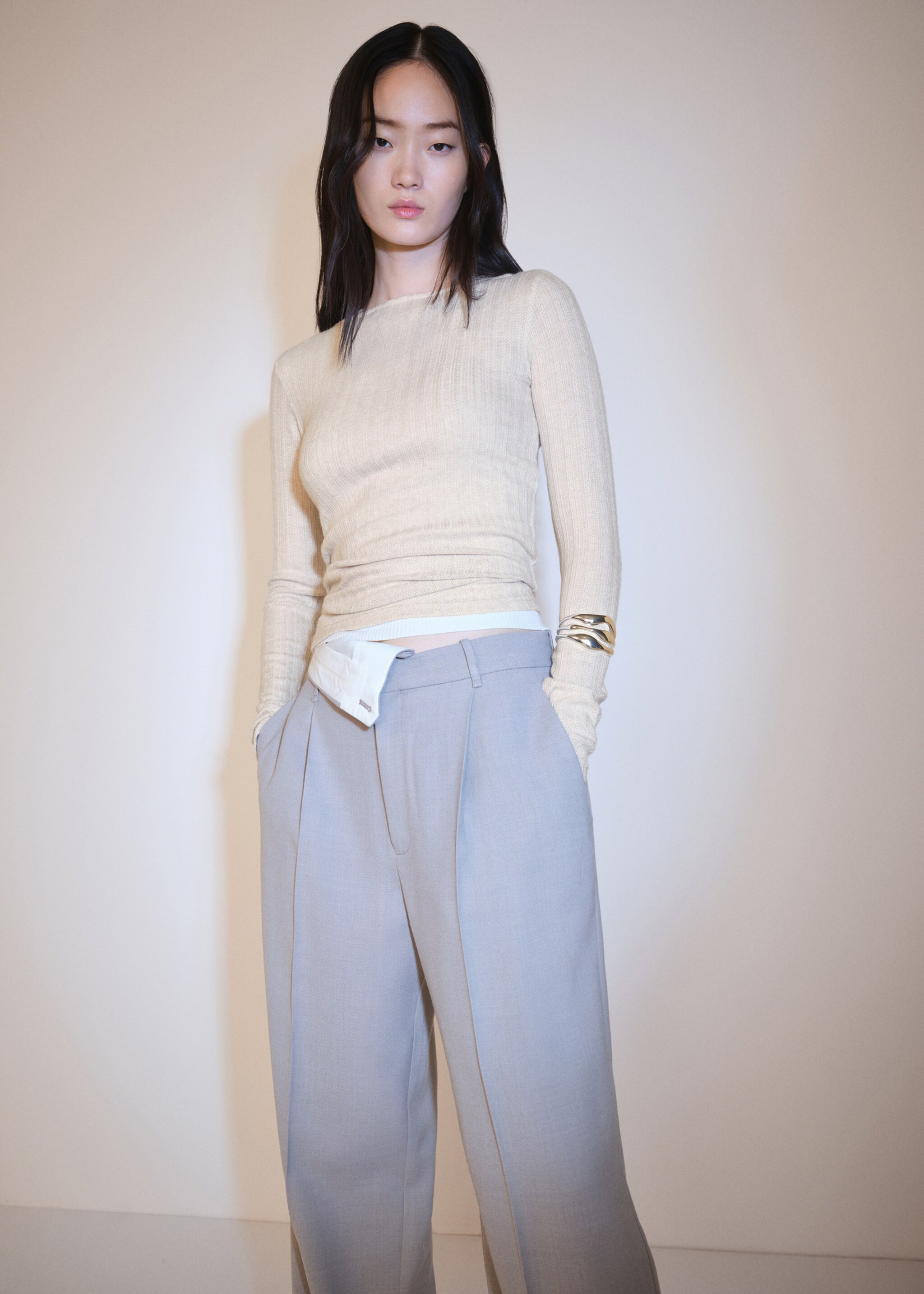 Long-sleeved pointelle t-shirt - Medium plane, Light/Pastel Grey. Ref: 77008270-00.