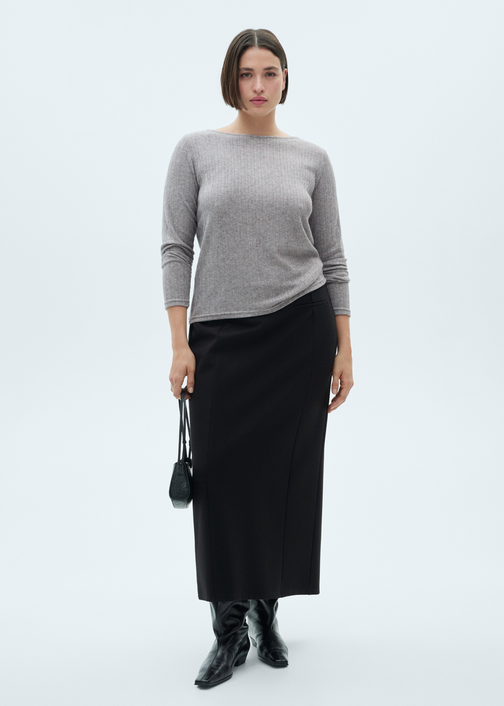 Long-sleeved pointelle t-shirt - Details of the article 3, Medium Heather Grey. Ref: 77008270-00.