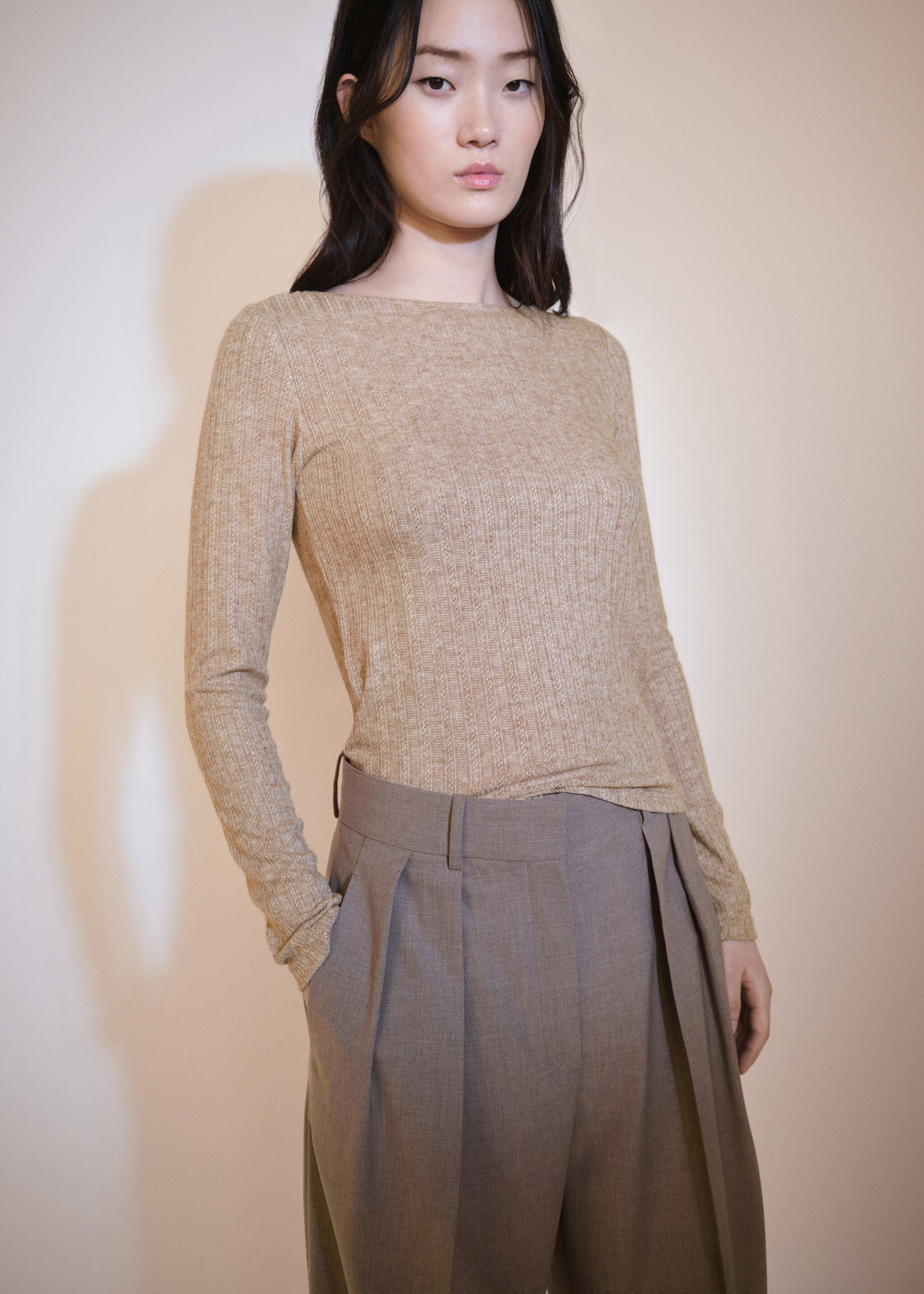 Long-sleeved pointelle t-shirt - Medium plane, Light/Pastel Brown. Ref: 77008270-00.