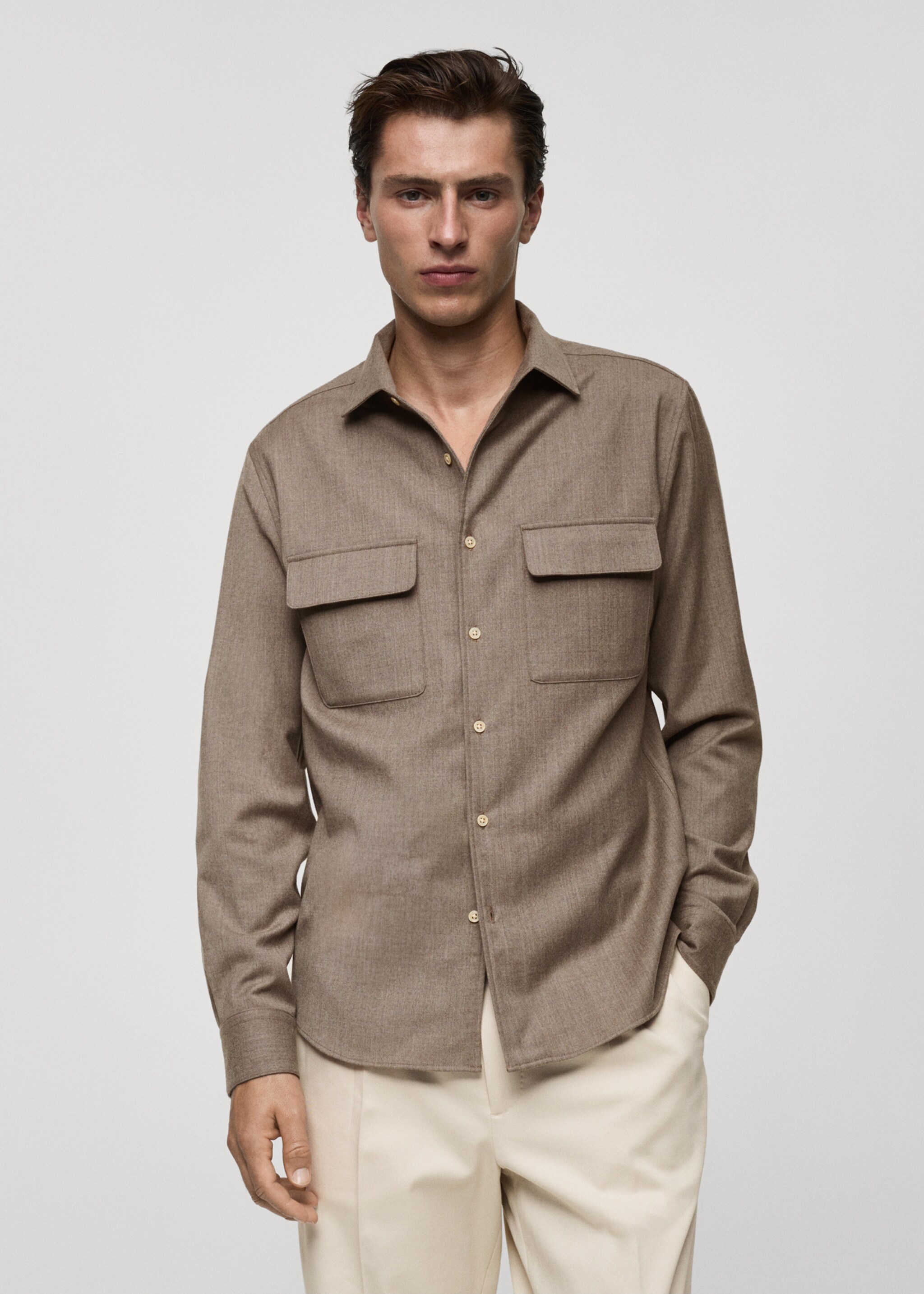 100% wool shirt with pockets - Medium plane, Medium Brown. Ref: 77008634-00.