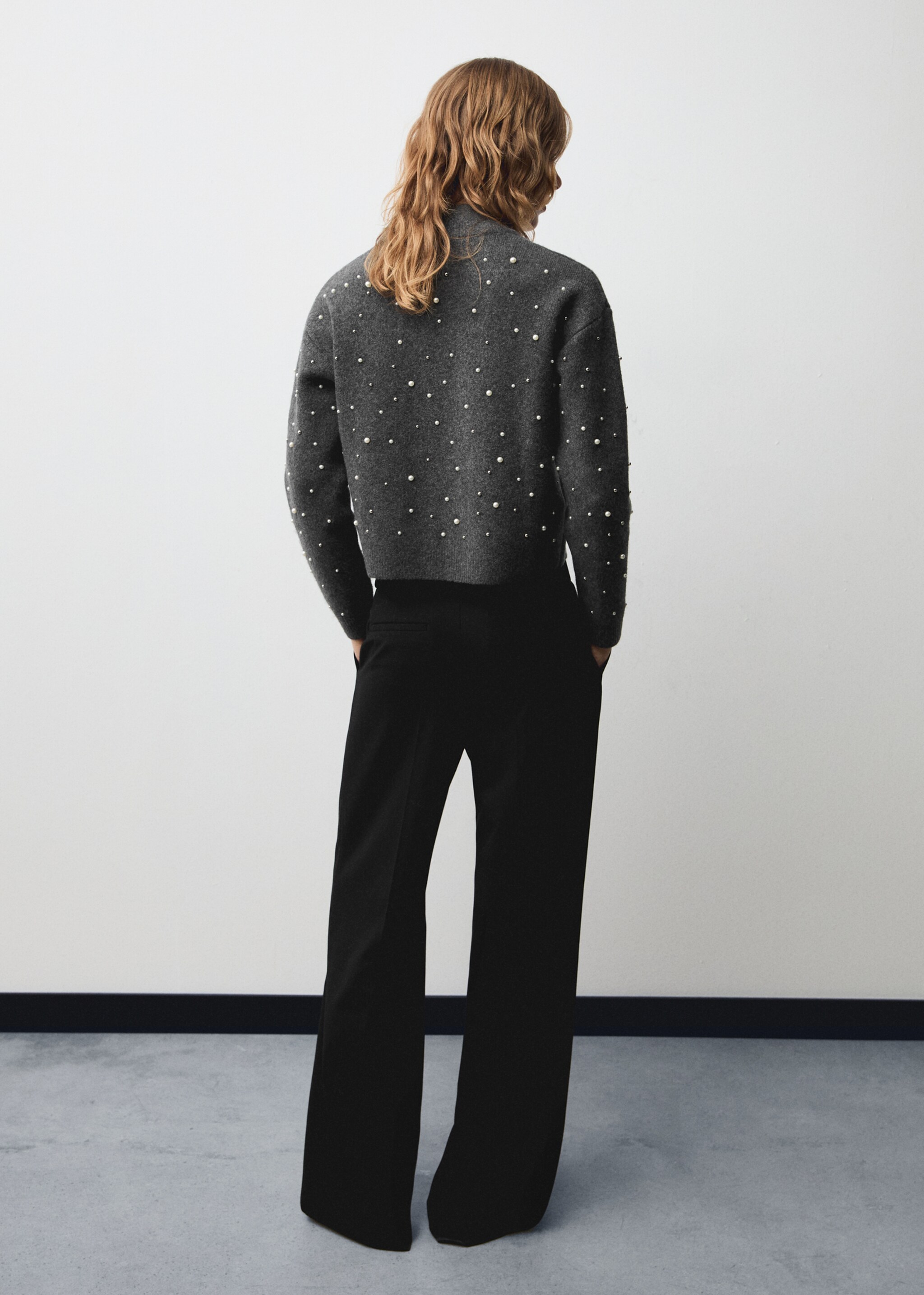 Knitted jacket with pearl details - Reverse of the article, Light Heather Grey. Ref: 77009043-00.