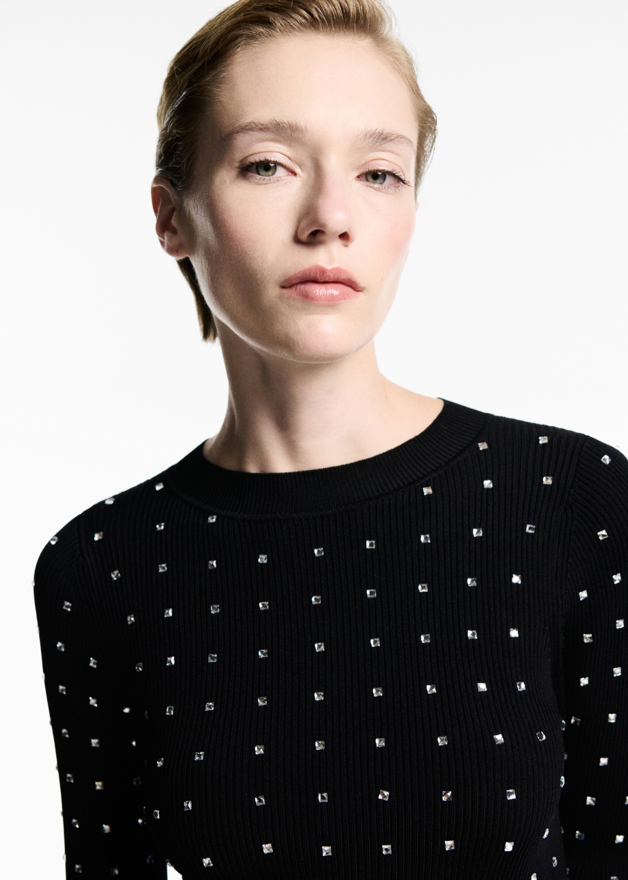 Knitted dress with rhinestone detail - Details of the article 1, Black. Ref: 77009044-00.