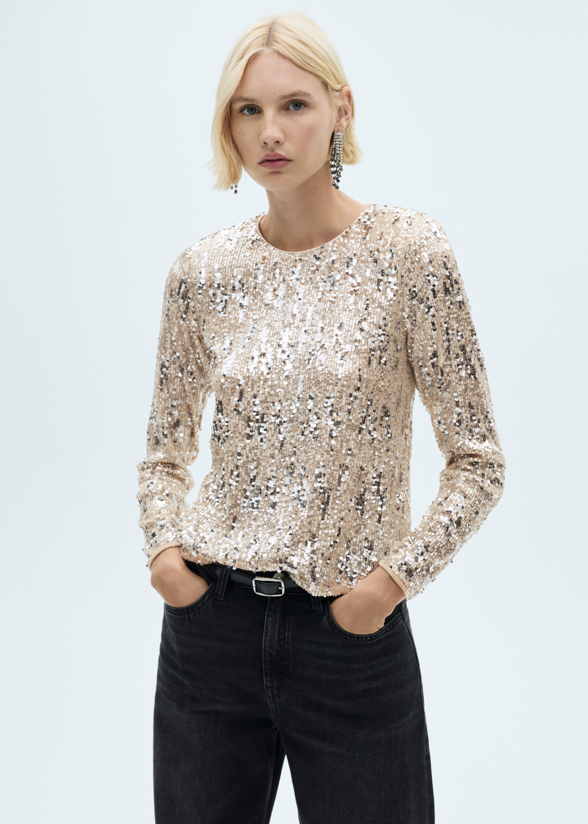 T-shirt met lange mouwen en pailletten - Middenvlak, Zilver. Ref: 77009085-00.