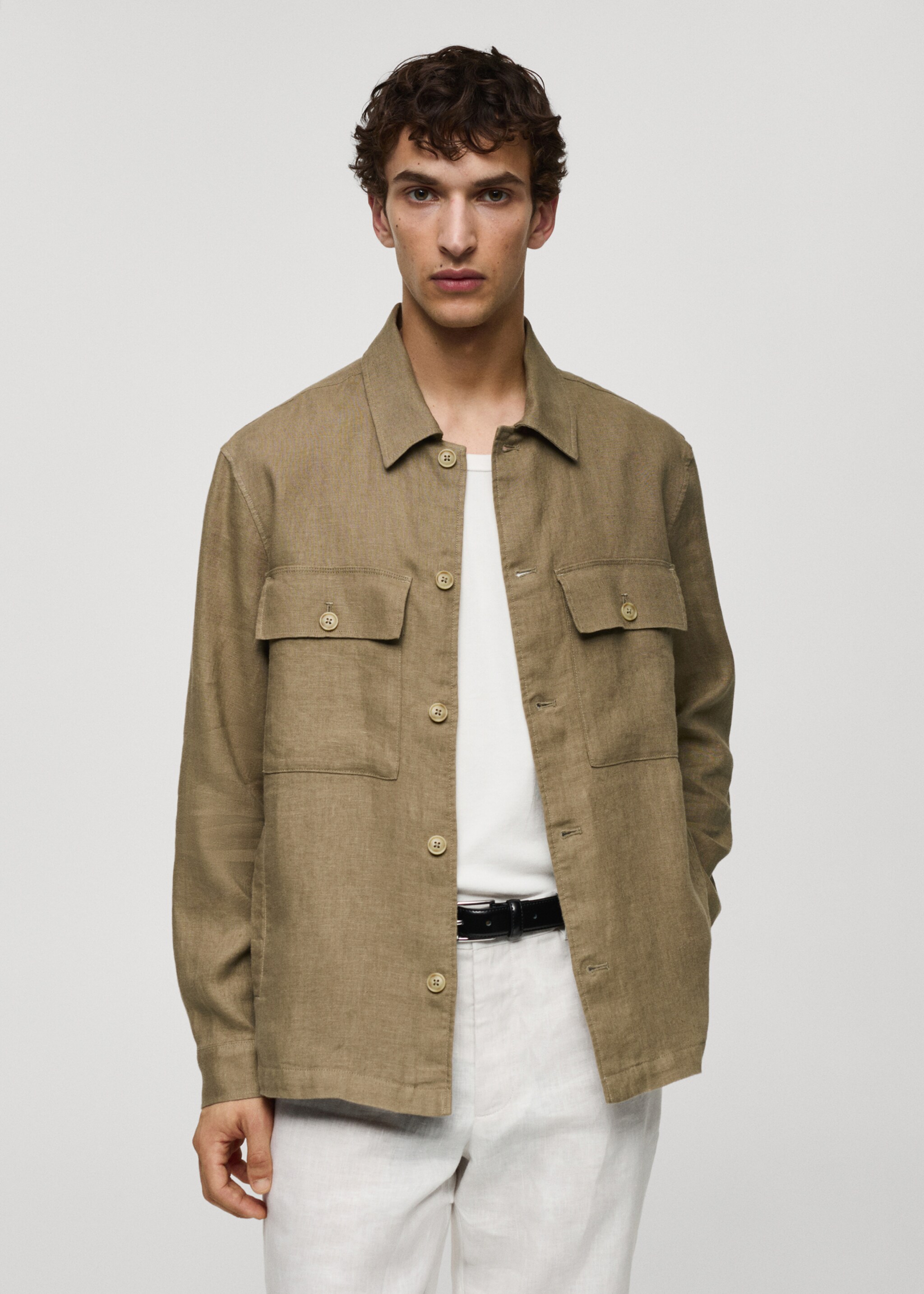 100% linen overshirt with pockets - Medium plane, Khaki. Ref: 77010568-00.