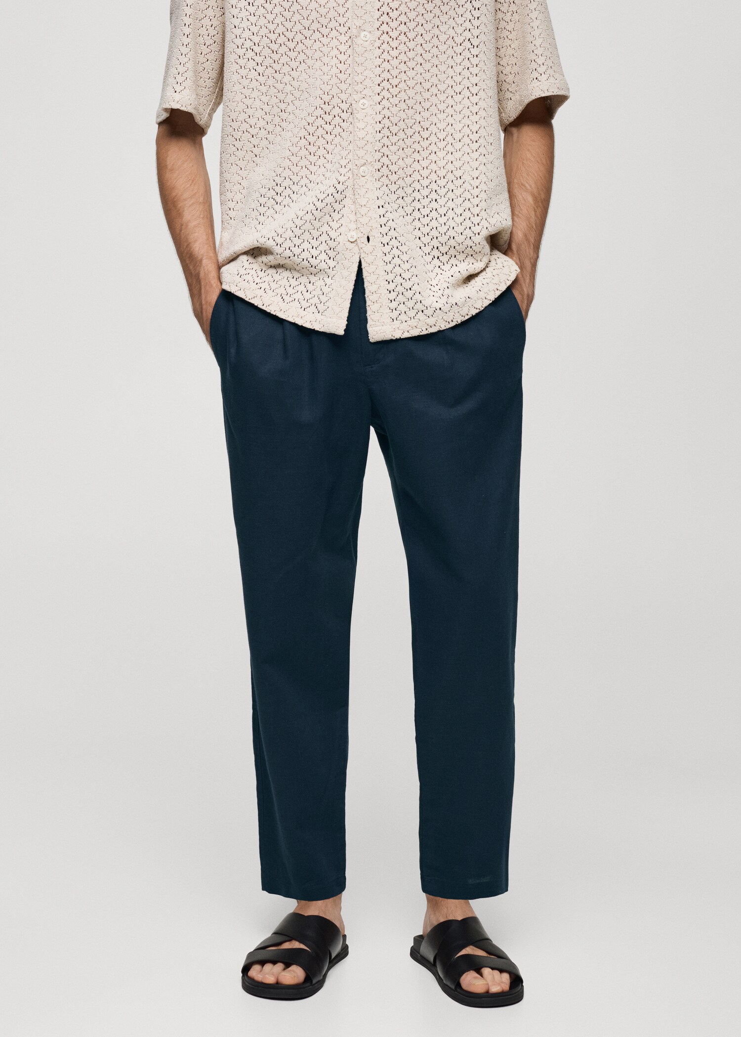 Slim Fit-Leinenhose mit Kordel - Mittlere Ansicht