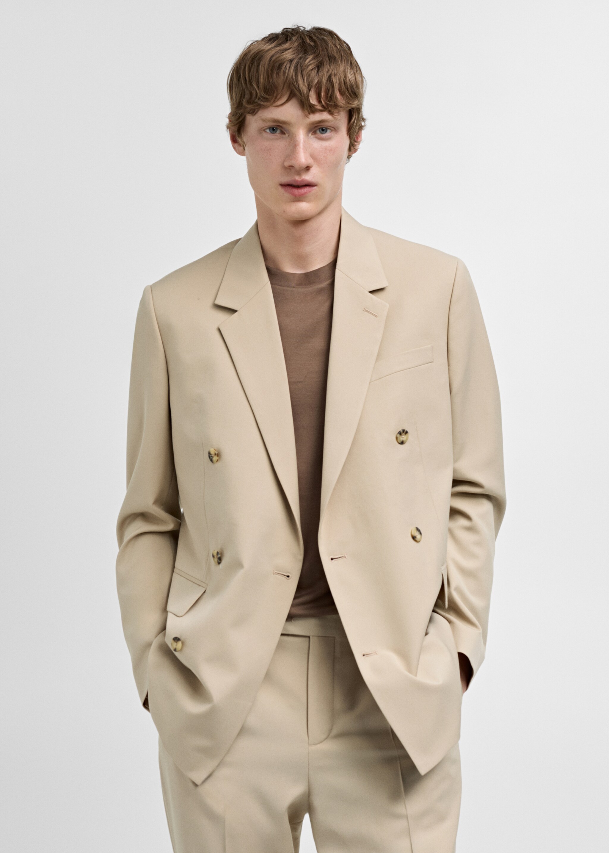 Double-breasted regular-fit suit jacket - Medium plane, Beige. Ref: 77010580-00.