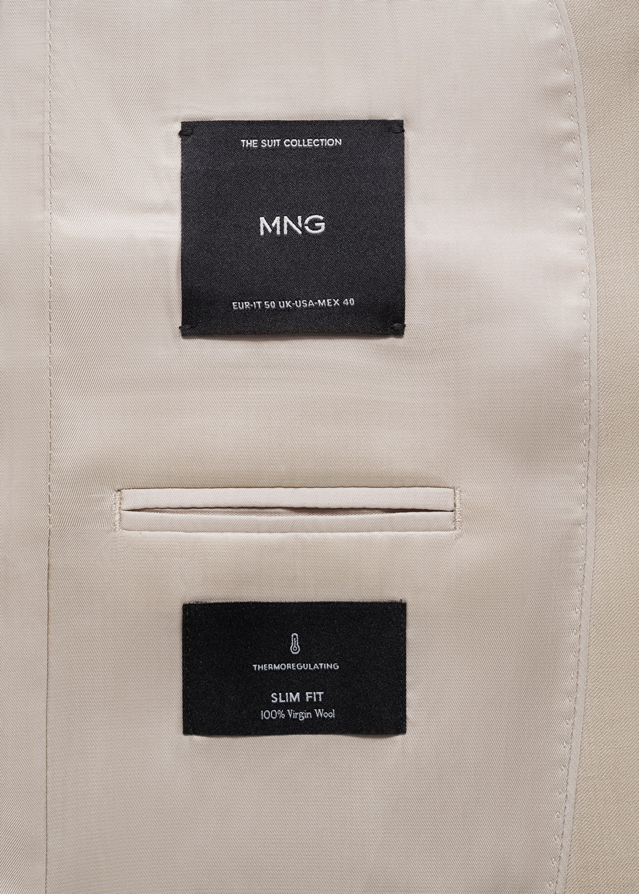 Slim-fit colbert 100% scheerwol - Detail van het artikel 0, Open beige. Ref: 77010588-00.