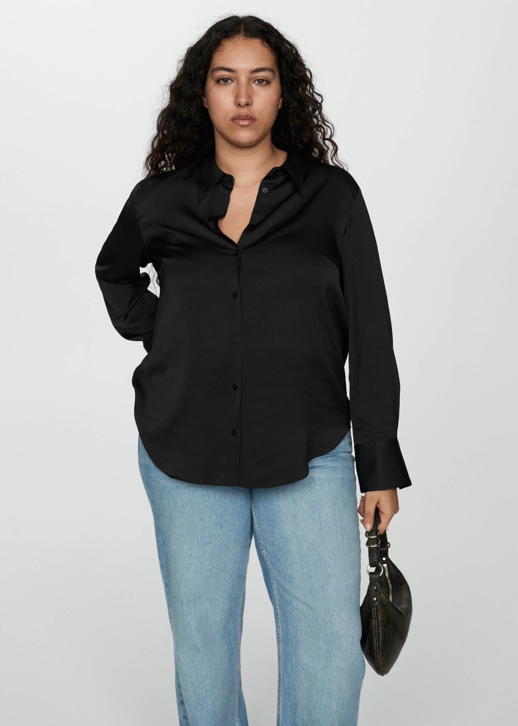 Satin finish flowy shirt - Details of the article 5, Black. Ref: 77014032-00.